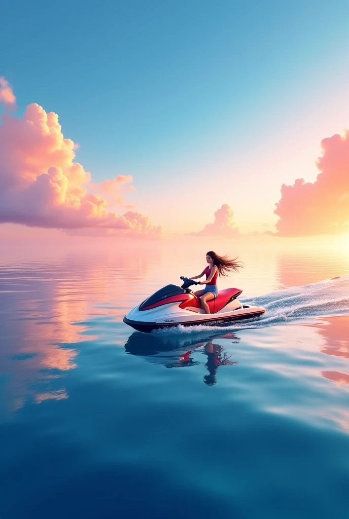 Araffe woman riding a jet ski in the ocean at sunset, no oceano, Cavalgue o vento e as ondas, on the ocean water, Belas vistas, going forward to the sunset, obra de arte, mulher bonito, mulher linda, summer season, no mar, on water, holiday season, retroiluminado, linda senhora, summer night, estilo de vida de luxo