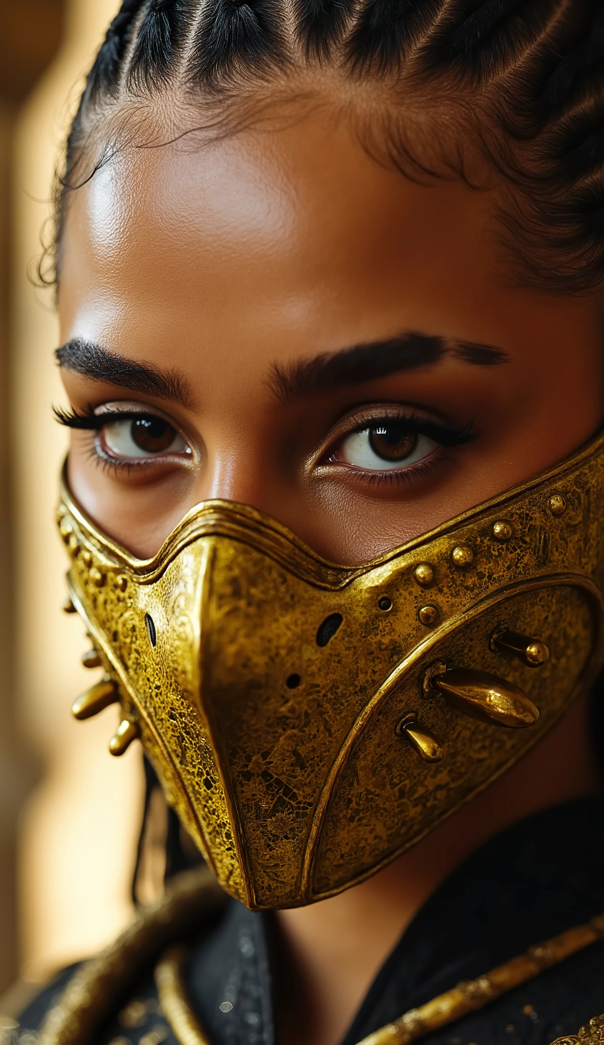 Here is a detailed prompt to generate an image ** super realistic** of Tyla as **tanya**, focused **only on the face**, with a very detailed and shiny metallic yellow and gold mask, and an impactful background: --- **"Close-up hiper-realista do rosto da Natalie Portman como tanya, the cunning and lethal warrior of * mortal kombat*. She has a confident and mysterious expression , with penetrating eyes that convey cunning and determination. His yellow and gold metallic mask covers part of the face, with intricate details and brilliant reflections that highlight the shimmering material. The mask is adorned with tribal patterns and small gold ornaments that complement her look. The lighting is dramatic , with shades of yellow and gold , creating strong contrasts between light and shadow. The background is a realistic and mystical setting, with diffuse lights, soft mist and elements of an ancient temple, adding an intense and enveloping atmosphere."** --- she is wearing the mask **Extra details for realism:** - **mask:** Highly detailed design, with metallic reflections , tribal patterns and shiny gold ornaments. - ** Expression:** looking confident and mysterious, transmitindo a essência astuta e letal de tanya. - **Bottom:** Hyper-detailed textures on the temple walls and in the surrounding fog. Esse prompt combina elementos icônicos de tanya com o visual único da Natalie Portman, ensuring a cinematic and immersive result! 🔥