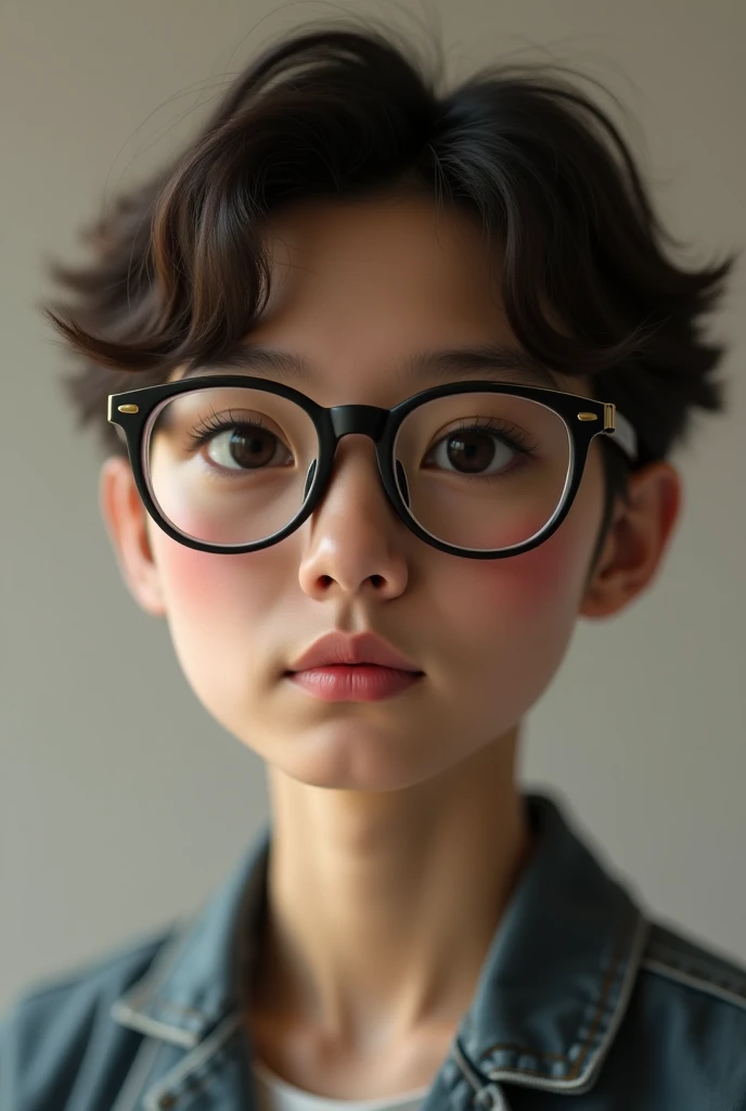 create a persona of a psychology student with glasses and brown hair looking at the camera