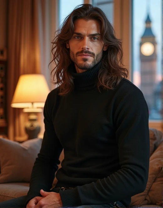 Tall 1.85 metres, English Male, 38 years old, muscular, thin, unshaved stubble beard, olive skin, tanned, handsome green eyes, deep sight, wavy long hair,  classy dressed casual badass, in black clothes smiling,  he wears, black jeans, turtleneck sweater