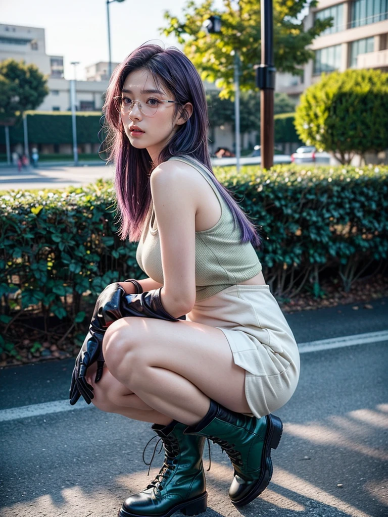 (1 lady), (Best quality at best:1.4), (ultra - detailed), (extremely detailed CG unified 16k), A Beautiful Woman with Perfect Figure: 1.4, Sharp Focus: 1.2, purple hair, very detailed, High-definition RAW color photo, professional photoshooting, amazing face and eyes, cosmetics, standing, (amazingly beautiful girl), ((kotomi)), ((exact clothes: military green cotton dress, black vest, Black Lace Bridal Gloves, glasses, black combat boots)), (looking cute, immerse in her own thoughts expression), (City park, extremely detailed background, realistic background, first date vibes), (frontal photo), realistic cinematic face, head to feet long wide zoomed out view, full body long view, head to shoes, photorealistic, ((realistic natural purple hair style, purple eyes)), gorgeous, extremely beautiful face, pretty face, delicate girl, (attractive body, fit woman, big girl, athletic body, strong female), perfect model beauty, pout mouth, Highly Detailed Face and Skin Texture, Detailed Eyes, Double Eyelids, Medium size breasts, shy but motivated expression, (masterpiece), best quality, high resolution, extremely detailed, cinematic lighting, amazing legs, clear and well-cared skin, (milky pale skin, white skin like milk), official dior editorial, trending on pinterest, dreamy, aesthetic, ((style raw)), (good hands:1.2), (big head)