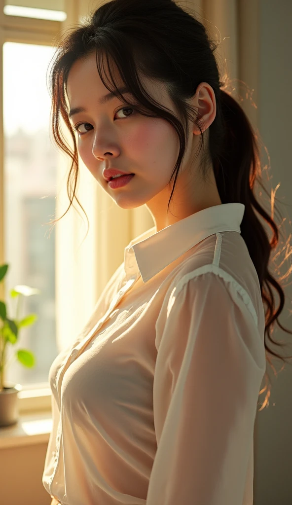 high quality,, Alluring face, office,shirt,chest元チラ,Japanese,
Hands folded behind the head,chest, 