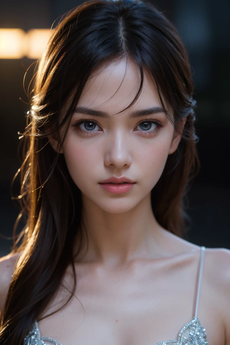 a beautiful young girl, 1girl, extremely detailed eyes and face, beautiful detailed eyes, beautiful detailed lips, longeyelashes, realistic skin, wet and messy hair, realistic fabric, deep dark eyes, graceful face, looking directly at viewer, movie-like cinematic style, detailed hair strands, perfect makeup, light and shadow effects, chiaroscuro, clear blue sky background, ponytail, realistic lighting, (best quality,4k,8k,highres,masterpiece:1.2),ultra-detailed,(realistic,photorealistic,photo-realistic:1.37),vivid colors,HDR,UHD,studio lighting,ultra-fine painting,sharp focus,physically-based rendering,extreme detail description,professional,smiling,wearing a bikini,full body