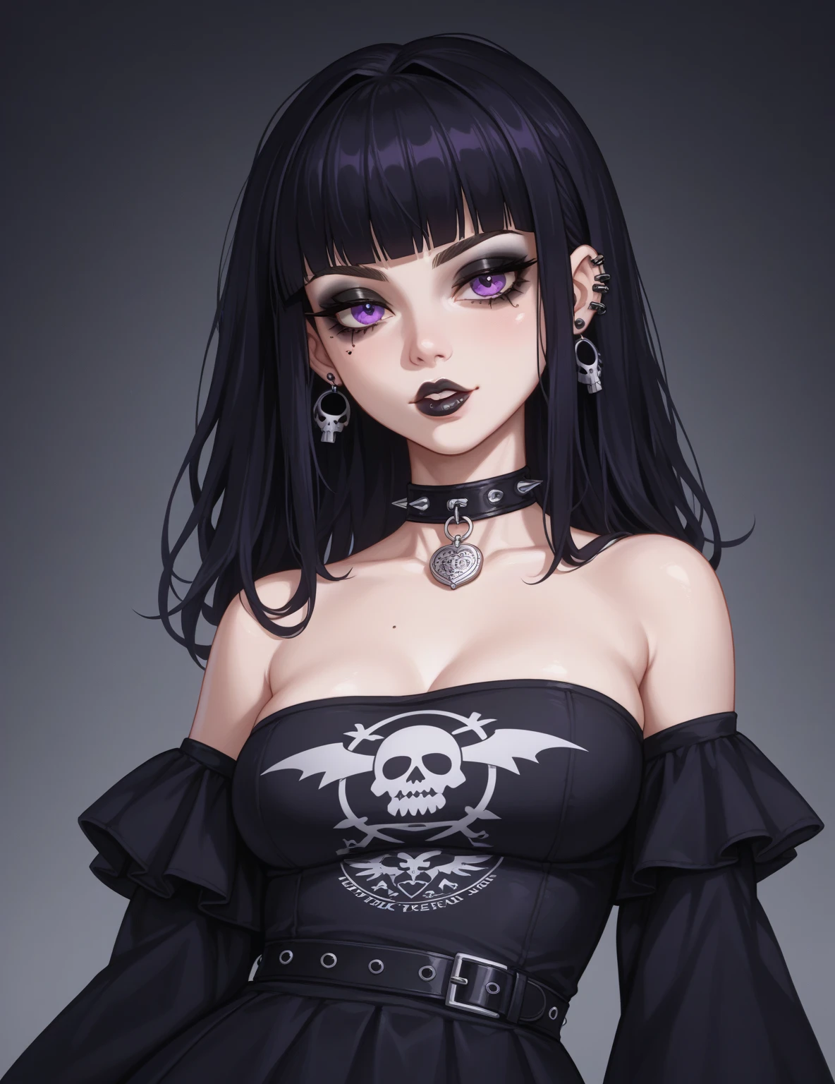A woman of 1.60 black shirt with a small purple skull in the center, dark purple skirt, short and a little messy hair, with medium thighs, Her pale white skin and black eyes with a large bust that shows her chest a little, round eyes and semi fat