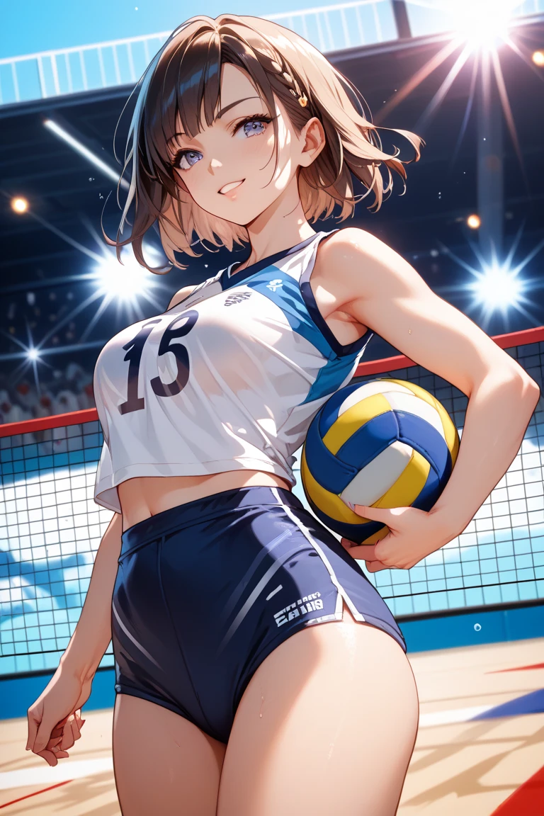 floating hair, volleyball, gymnasium, wariza, anime, anime style, 4K, textured skin, super detail, best quality, award winning