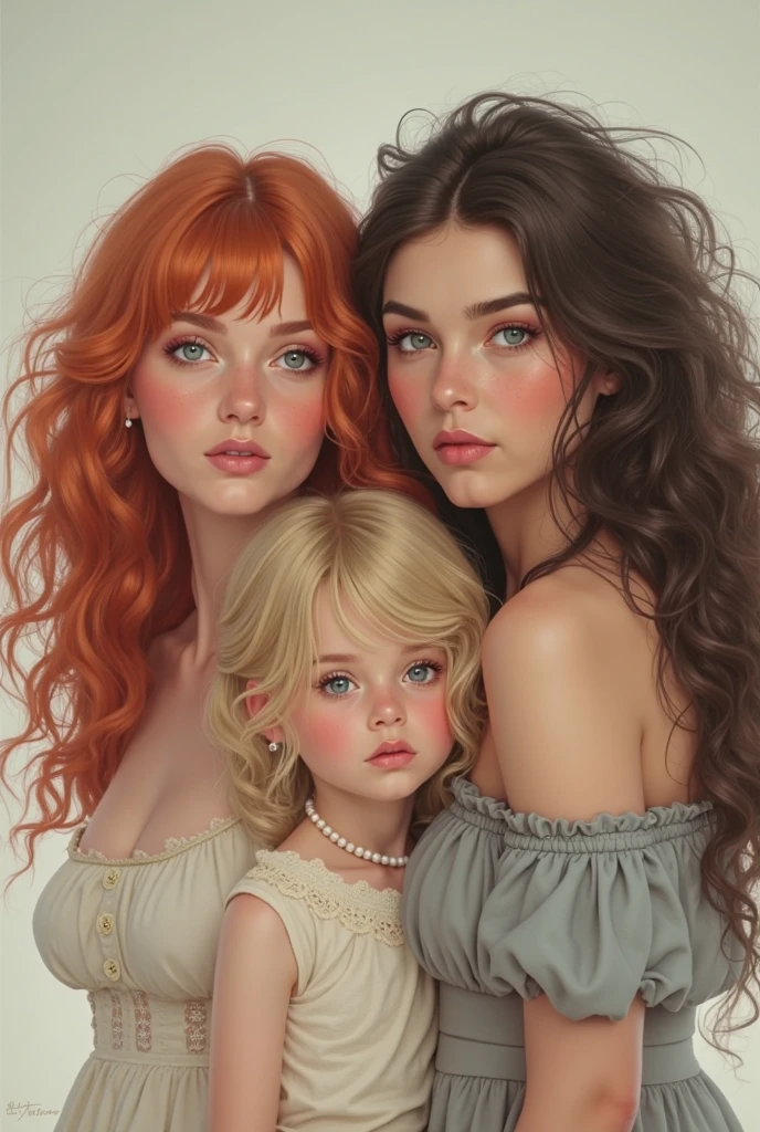 an innocent female child, with long red hair, holding a little doll.
A red-haired teenager with long hair, holding a pistol.