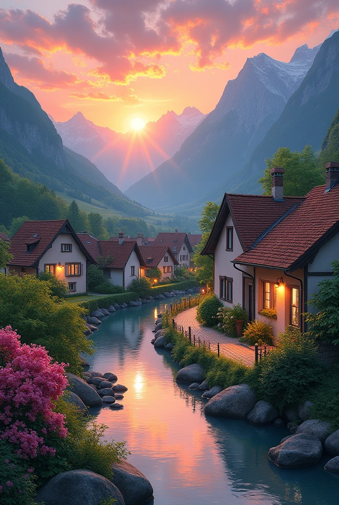 A small village on the banks of the river, mountains in the background ...