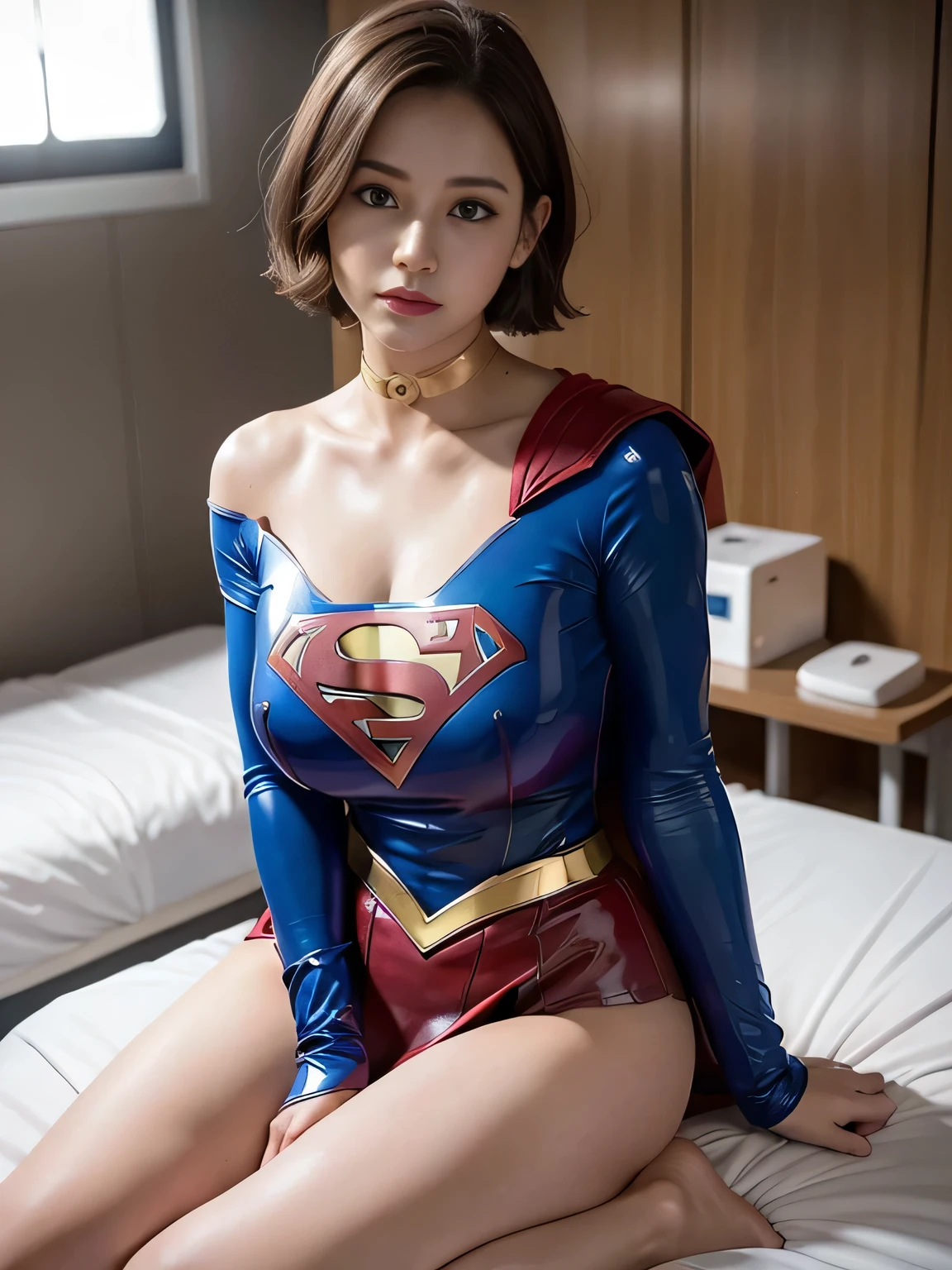 masterpiece、supergirl costume、short hair、barefoot、big and full breasts、Research room、operating table、straddle、Tattered、shiny、look at the camera、Seduce、choker、red mini skirt、long sleeve、Cowgirl