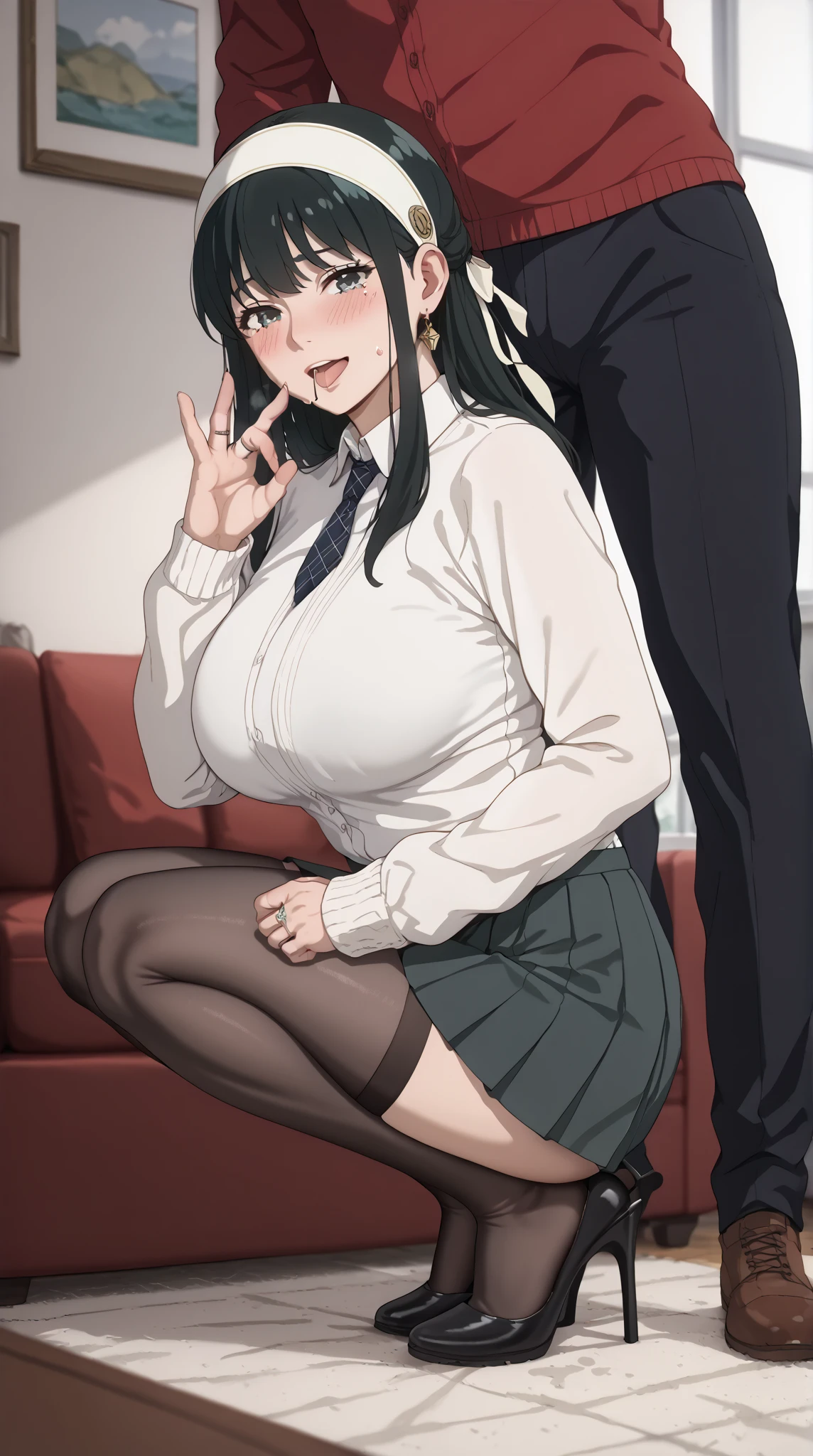  black tight mini skirt,Grey Pleated Mini Skirt,angle from the side、Full Body Shot,score_9,  score_8_up,  score_7_up,   source_  anime、top quality、8k、 masterpiece、Ultra High Precision、 natural light、Completely-Wide、 one woman、Big Breasts、firm chest 、 Mouth open vertically、Move your right hand close to your mouth、 5 fingers on right chest、make a ring with the index finger and thumb of your right hand、OK pose in front of the mouth 、Hide your left hand behind your back、 beautiful black hair、 black hair、 cute face、  Clear Eyes ,A little teary、embarrassed face、After the change、white headband、Beige clothes、black tights、Sweat dripping from crotch、is crouching and holding M-shaped open legs,A man standing in close contact with a woman、man standing with his body facing a woman、