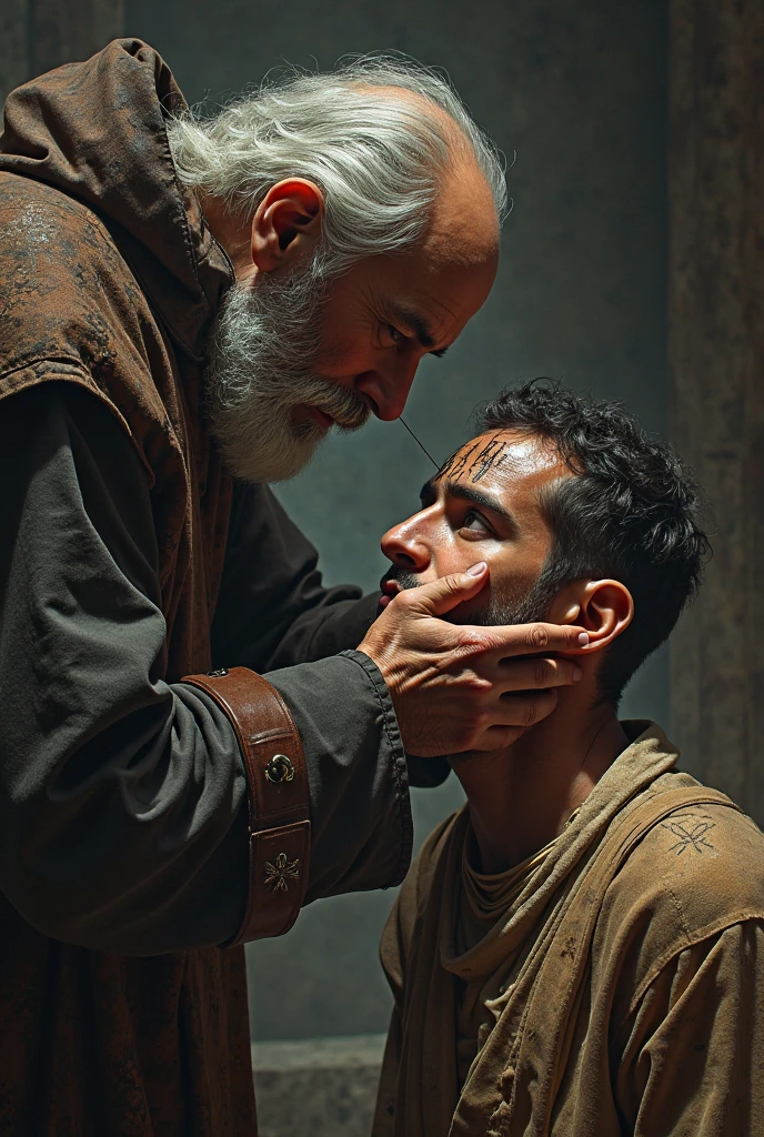 open image of man suffering from spots and red and rounded sores that go from the soles of the feet to the top of the head with sores spread over the body, bald, talking to hebrew woman dressed in sari and white and red veil
