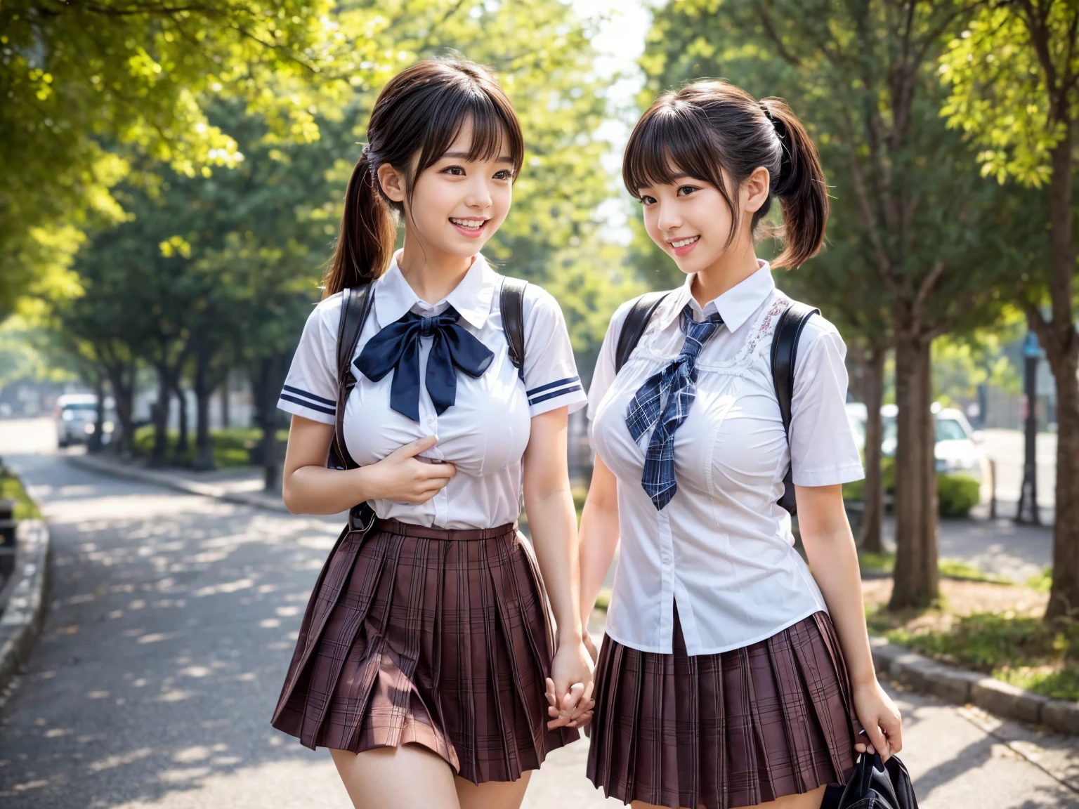 2 girls standing in school yard,short-sleeved white one-piece swimsuit with pink plaid bow tie,hands on crotch,18-year-old,bangs,a little smile,thighs,knees,short hair with low pigtails bunches with plaid ribbon bow,from below,front light