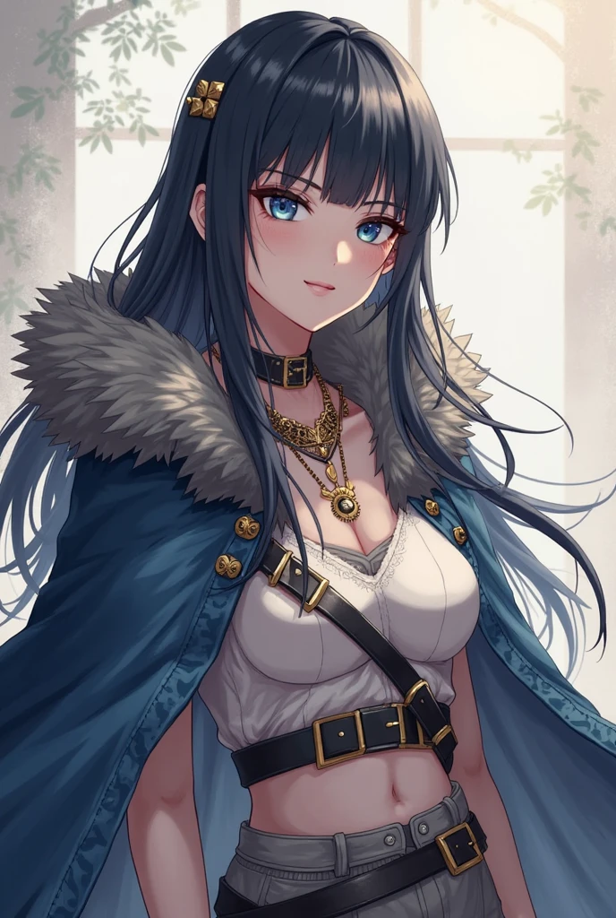 ((Portrait)), She has a Very Small and Slender Appearance, with a Fierce Temperament and an Anger Face with a Constant Frown. Her Sapphire Eyes Shine Brightly, Expressing the Fury of the Storm. Her Hair is Short and Dark Blue, with a Bare Forehead, and Large Braids Falling Over Her Shoulders. She Wears a Large, Worn-out Black Fur Coat with Winter Accessories, Portrait, HDR, ((Dark Background))