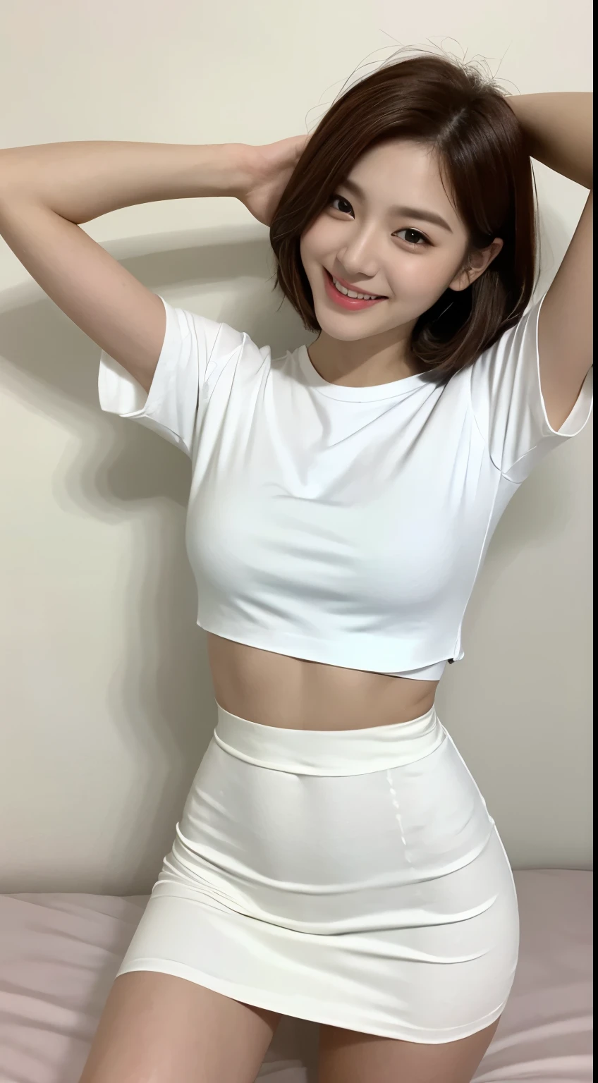Selfie photos，Mobile phone mirror selfie，indoor，Inside the room，a beautiful asian woman，156 cm，46KG,34C cupz her hairstyle is loose and lazy，Wearing a close-fitting all-white short-sleeved top，black shorts，