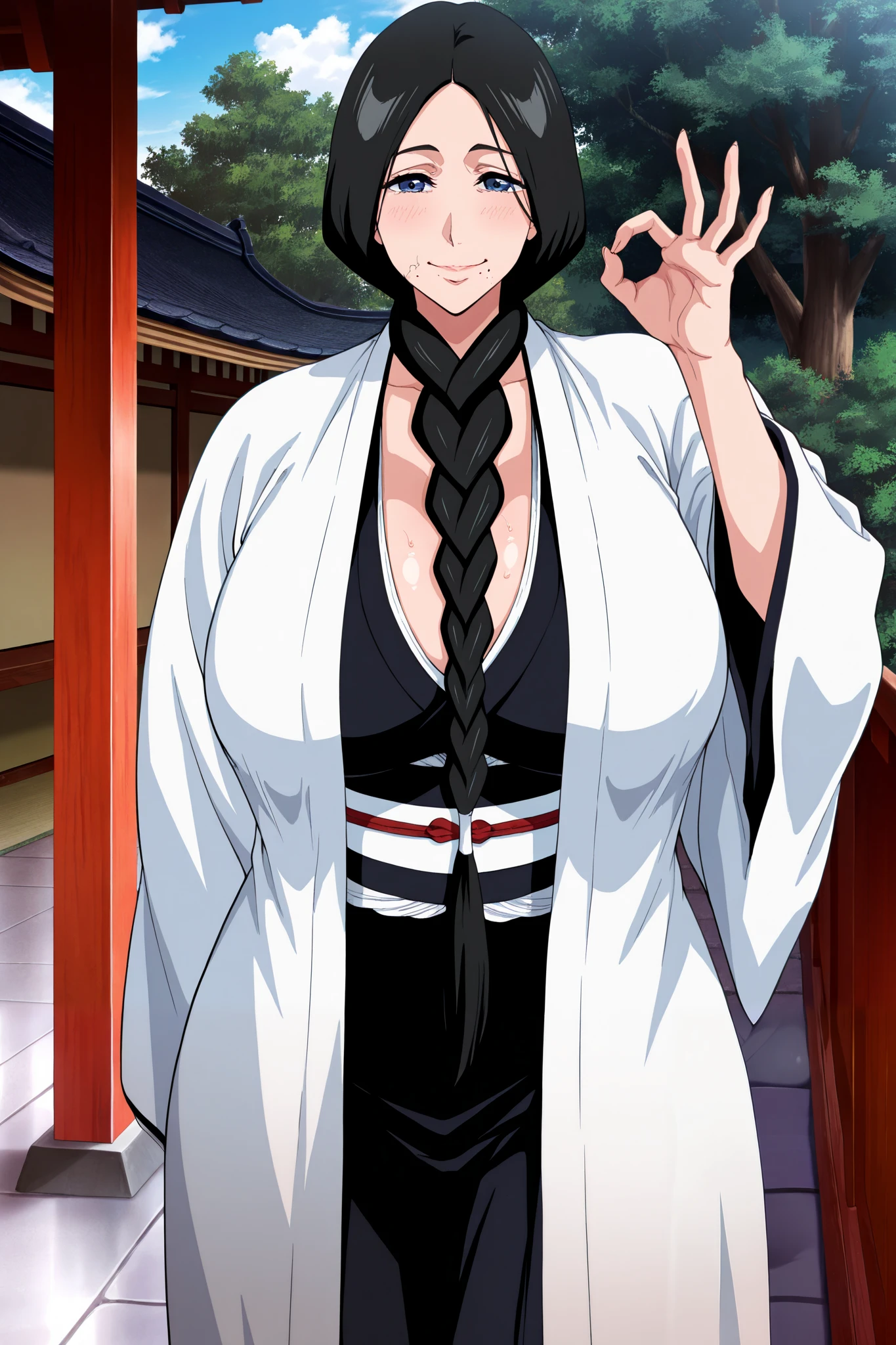 masterpiece,best quality, amazing quality, very aesthetic,anime screencap ,1girl, solo, run0hana, black hair, single braid, dark blue eyes, huge breasts, white haori, wide sleeves, black kimono, obi, black hakama,cleavage,,covered areola, looking at viewer,mature female, old woman,sagging breasts smile, blue sky, tree, east asian architecture, ok sign,,pubes on face, stray pubic hair,