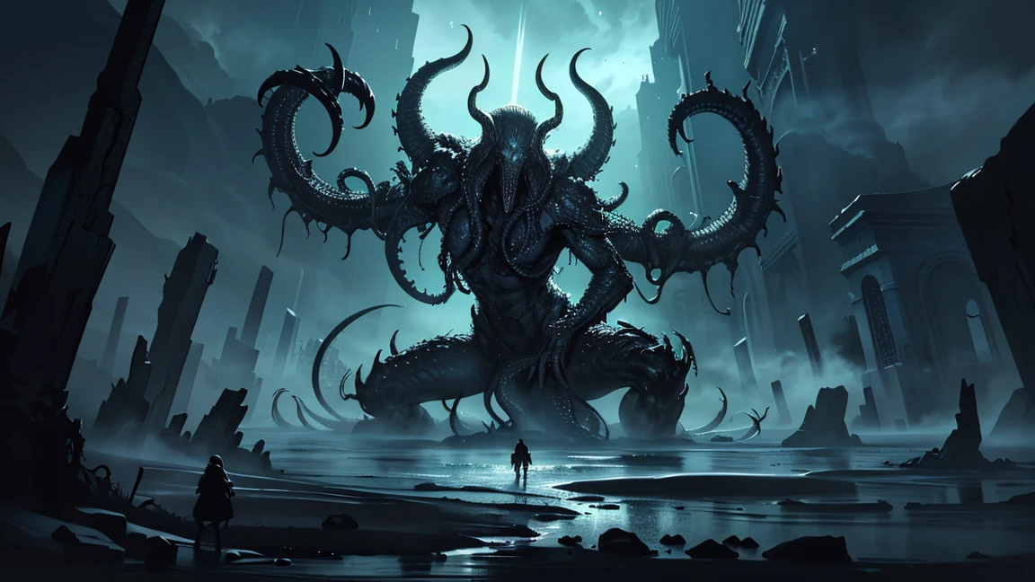 A tentacle man holding four breasts behind his back tentacle girl, goddess, royal sister, slime, parasitic devouring, mucus, nausea, blush and shyness, big breasts, super tall female monster, female monster standing by a tall building, giant female monster man, female monster, huge banshee, behemoth, huge sense of oppression, terrifying beauty, --auto