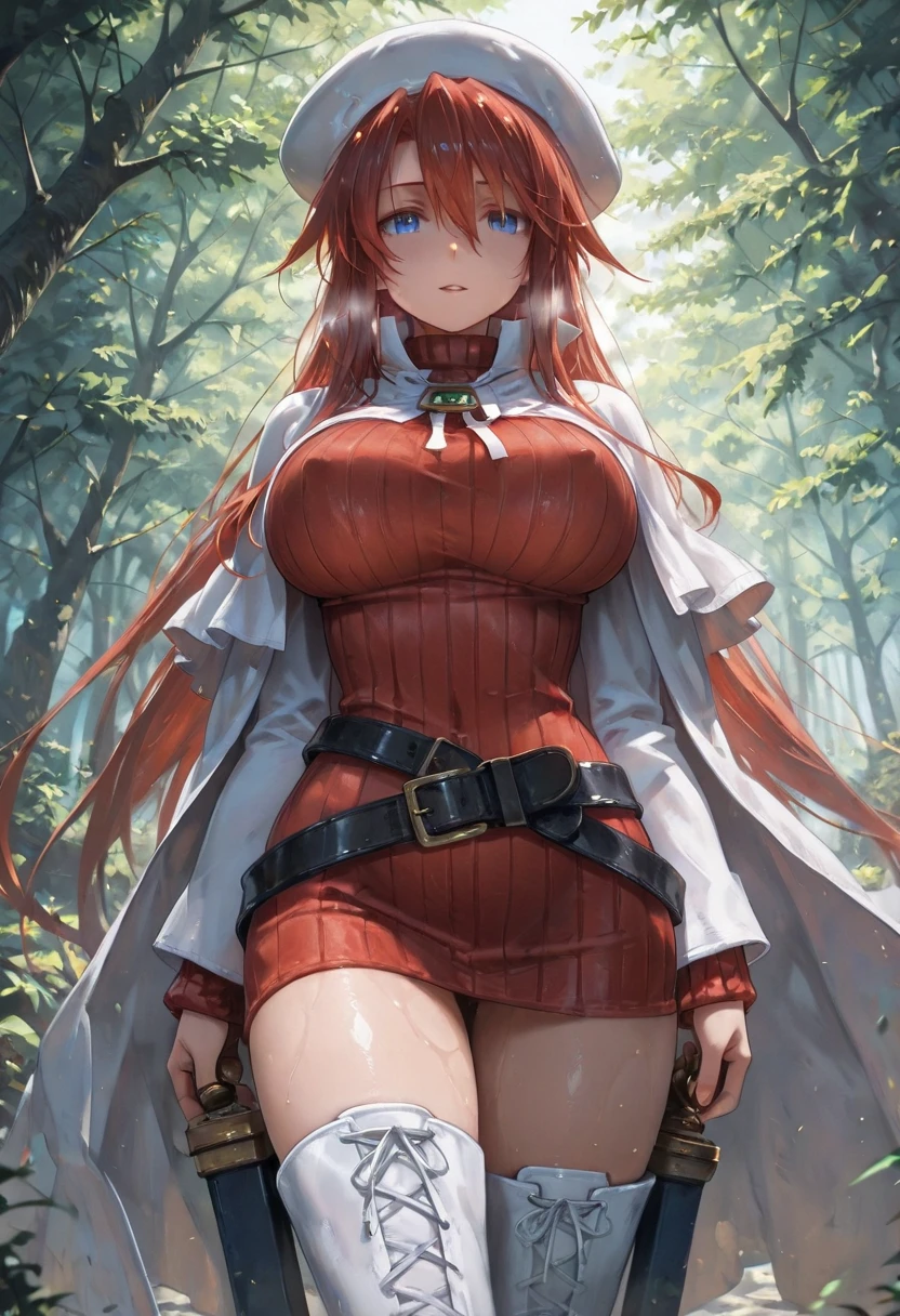 pov,nsfw,summonnightaty, aty, (young:1.3),long hair, blue eyes, red hair, beret, hat, glasses,
BREAK long hair, thighhighs, hat, dress, boots, glasses, belt, cape, sweater, zettai ryouiki, beret, thigh boots, white footwear, ribbed sweater, loose belt,solo,
BREAK outdoors, fantasy,on_a_ship,
BREAK (masterpiece:1.2), best quality, high resolution, unity 8k wallpaper, (illustration:0.8), (beautiful detailed eyes:1.6), extremely detailed face, perfect lighting, extremely detailed CG, (perfect hands, perfect anatomy),covered_nipples,covered_navel,light_smile ,(half_eyes:1.4),sword,armpit,sleepy,dynamic_standing,barrel,red_sweater,apart_legs,magical_effect,focus_breasts,