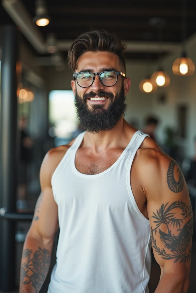 A sexy   man sitting next to a small window, looking at the camera seductively, beautiful room filled with  plants, sunlight coming from window , homoerotic, nsfw ,( focus mostly on the man), eye glasses ,black hair