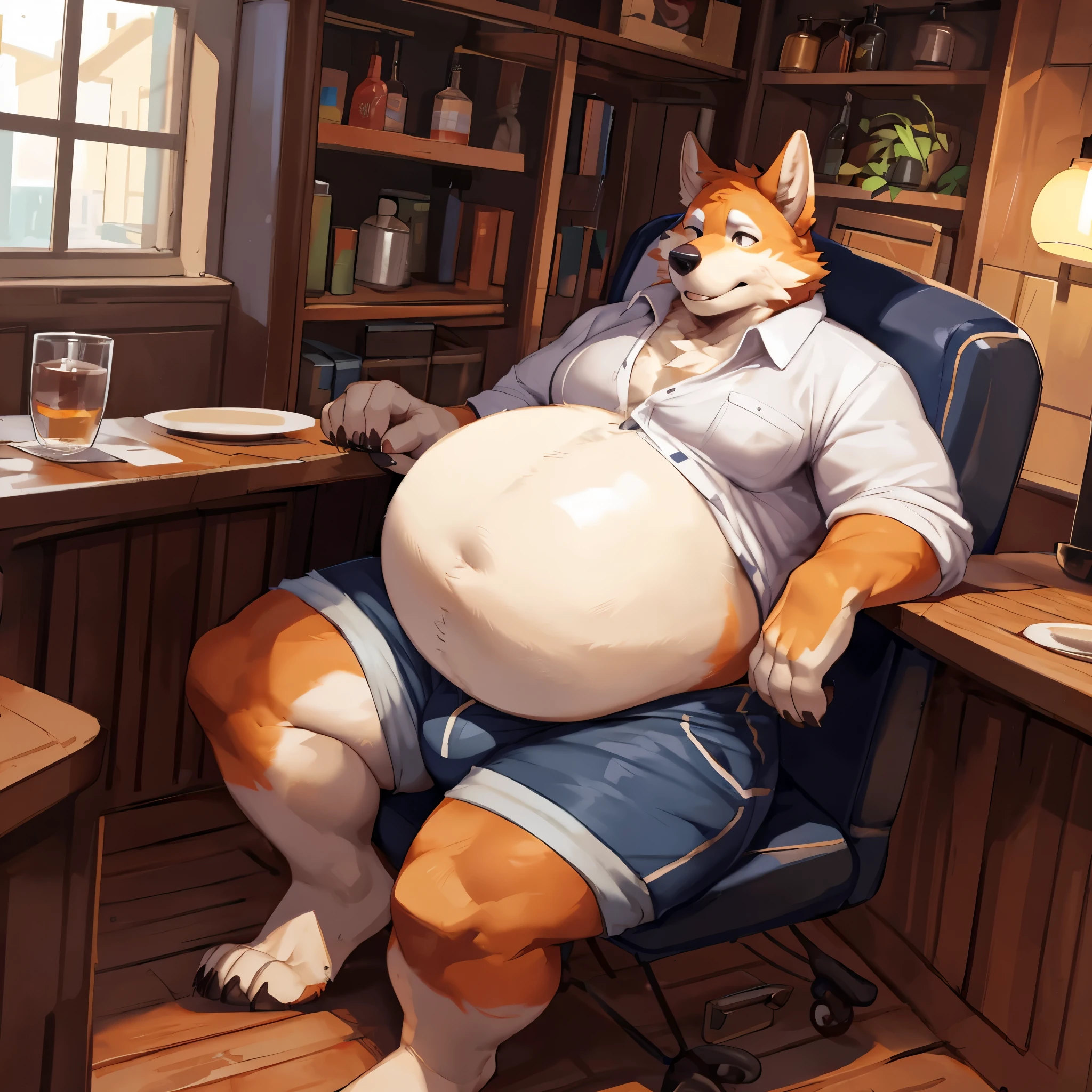 (two characters),4k ultra quality, 4k full body view,ultra high detailed body,kemono (wolf),cute face,charming body,chubby body,chubby face, enormous body,by mystikfox61, by glitter trap boy, by bebebebebe,by morethreedee, by seibear,thick thigh,chubby thigh,thicc thigh,thick legs,chubby legs,thicc legs,enomorous thigh,massive thigh,massive legs,detailed thigh,wide thigh,thick butt,(hyper thigh:1.3),sharp nails,detailed face,enomorous thigh,detailed paws,thick paws,chubby paws,(loose shirt), (unbuttoned shirt), (white shirt), (wearing jacket),feral legs,(loose shorts),tight bulge,tired,fat,giga,ultra enomorous body,ultra wide body,hyper penis,(small head),(round belly:1.2),(hyper belly:1.3),(chubby face),(perfect anatomy),(hyper bulge),(wide hips)
,detailed bulge ,side view,sitting on chair,in a restaurant,(facing camera:1.3)