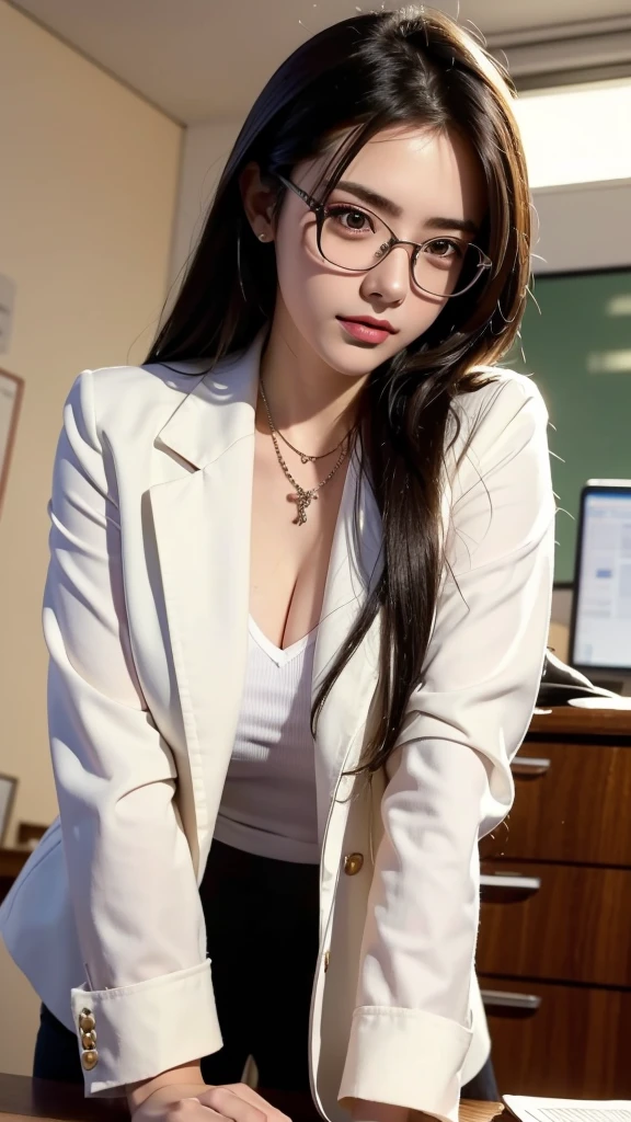 ((best quality)), ((masterpiece)), (detailed), (photorealistic:1.4), best quality, masterpiece, ultra high res, 1girl, (detailed face:1.2), (detailed eyes:1.2), (detailed hair:1.2), (detailed clothes:1.2), 4k, (detailed color:1.2), perfect face, beautiful body, pretty face, teenager female, perfect body, Ultra-high detail, Photorealism, Intimate atmosphere, flowing light, black straight hair, ponytail, glasses, wear a black coat, naked coat, braless, black skirt, unbuttoned coat, sit on the boss chair, office room, facing at viewer, badass looking, cool face