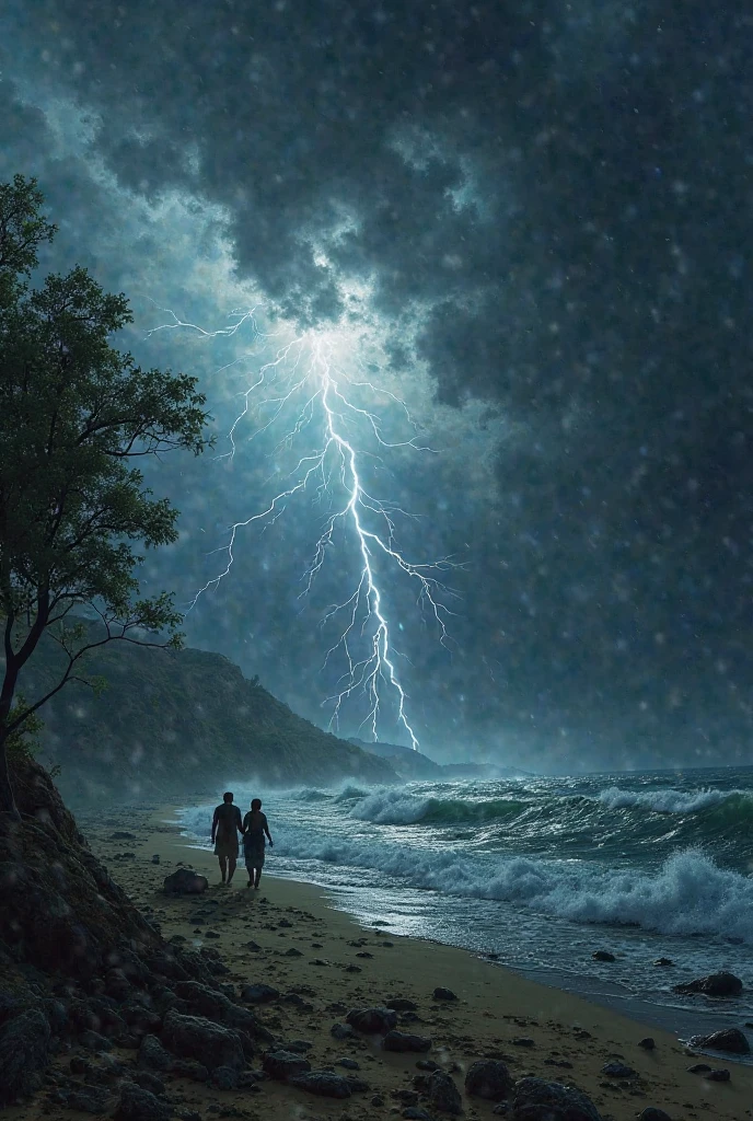 Masterpiece, high definition, 8K, fantasy art, award-winning drawing of an old man and a woman in a stormy and sinister landscape, frame always knee-deep, helping each other walk, romantic and rugged clothing, stormy background, lightning, back view , intricate details. Close-up of seniors, medium shot, boats on the cliff in the background. OverallDetail,