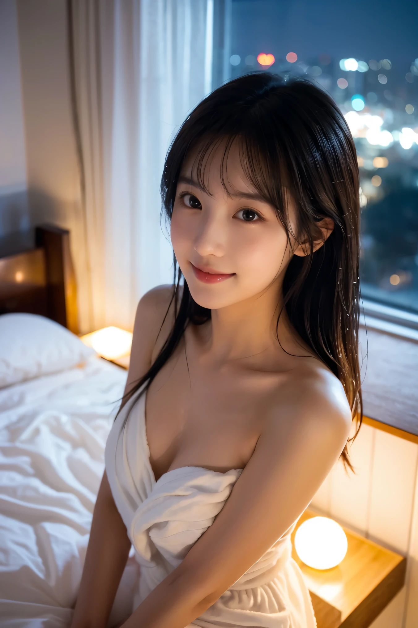 A 20-year-old woman with the cute face of an idol who looks .　Gentle and cute　Please smile kindly　Bust is larger　Fully nude　Sleeping in a bed at a resort hotel　Late Night　A very dimly lit room with only a standing lamp　Raw photo　Real　Genuine　Real Life　No copyright notice