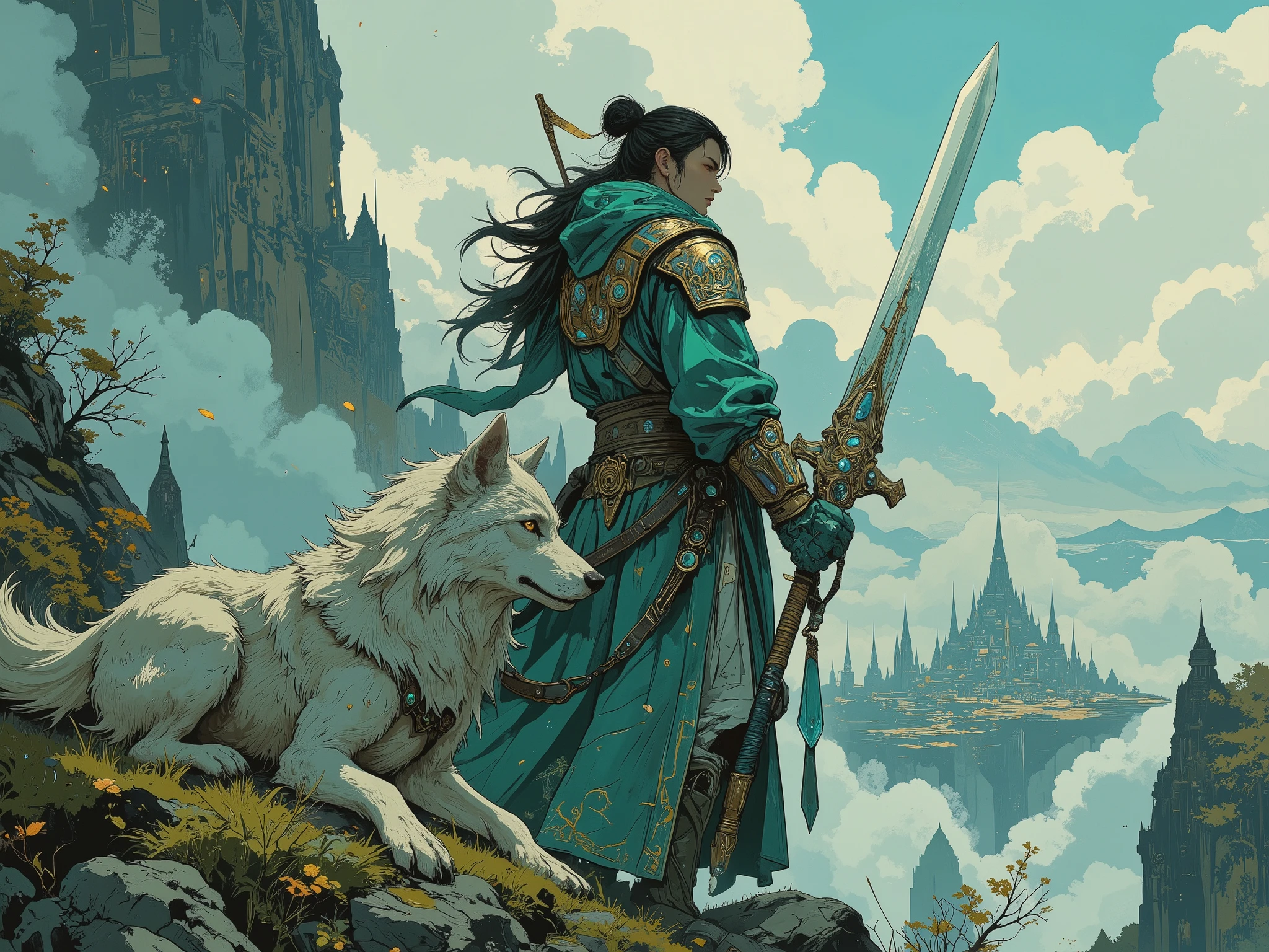 Ultra-detailed, cinematic fantasy illustration, 8K quality. The Crystal Warrior stands atop a floating island, overlooking the grand sacred city of Cloud Wise. His presence is both noble and imposing, akin to a celestial general descended from the heavens. His gaze is deep and enigmatic, enhanced by his striking heterochromia—one eye a vivid emerald green, the other a deep sapphire blue. By his side rests his majestic wolf companion, its fur a blend of silver and white, with heterochromatic eyes: one glowing amber gold, the other a mystical silver-gray, exuding an almost supernatural aura.
His attire is a masterpiece of craftsmanship, blending status and combat functionality. Multiple layers of luxurious fabric flow with his movements, dominated by shades of green—ranging from aquamarine-olive tones to deeper hues, creating a refined contrast. Delicate golden engravings trace ancient symbols across his garments, adding an air of regal mystery. His shoulder guards are layered, reinforcing his ceremonial yet battle-ready presence, with metal accents gleaming under the ethereal light filtering through the clouds. His hands are fully gloved, adding an extra layer of intrigue.
His long, flowing hair dances in the wind, wild yet controlled, reminiscent of a lone wolf surveying its domain. Two strands fall beside his face, subtly enhancing his stoic yet charismatic expression.
He wields a Jian, a unique straight sword reminiscent of a katana but with a slightly curved, elongated blade. The weapon's guard forms intricate crystalline spines—one side extending up to 15 cm, while the other remains subtle at 5 cm, ensuring both efficiency and visual grandeur. The sheath and hilt are adorned with blue and green gemstones, connected by delicate silver chains, enhancing the mystical elegance of his armament. At the sword’s pommel, a silver chain suspends a gleaming crystal pendant. The blade remains sheathed in his grip as he watches over the horizon.
