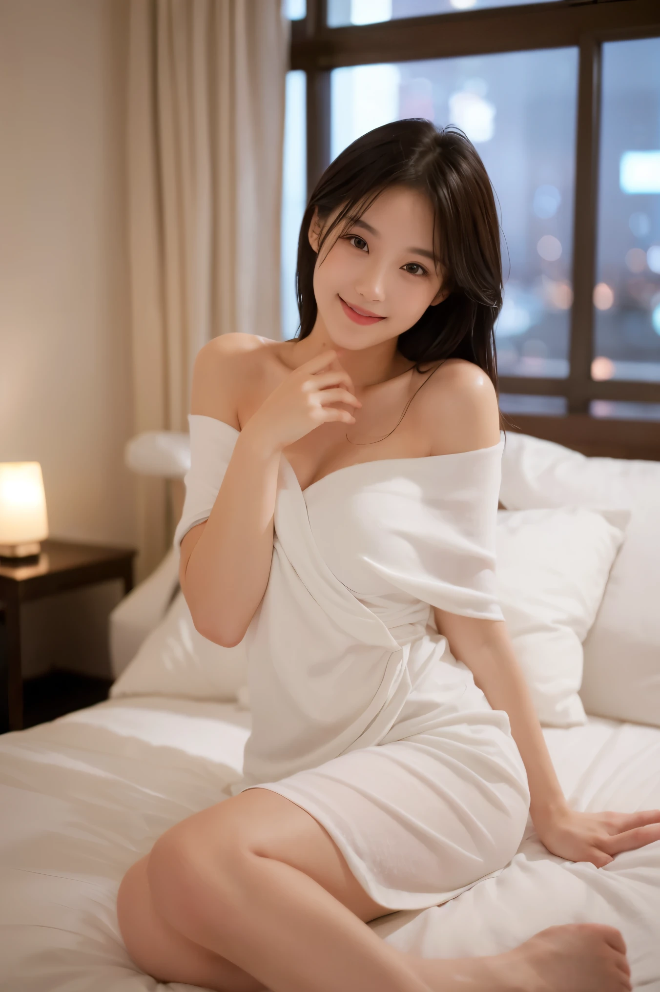 length (lengthueur de la taille:1.2) Highest quality, High resolution, ASİAN,((Highest quality、8K、masterpiece:1.3))、1名woman1名 18 years old、(Brown Hair), (Shortcuts), Slim Beauty、Beautiful couple、Full Body、smile、smile、woman、young、Shining Eyes、Big eyes、beauty、beautiful、Transparent Black、Camisole、 (Slim face), (the body is スリム), Full course dinner on table and wine glass、Amazing view of the sunset sky and clouds、Smile Beauty、Wine bottle、sparkling wine、Long sleeve shirt、dress、White wine, red wine, wine glass, Beautiful fine grain, Depth f/2,saturation, High Contrast, Strong light and shadow,Moist Body:1.5、 texture、The hair is very shiny、