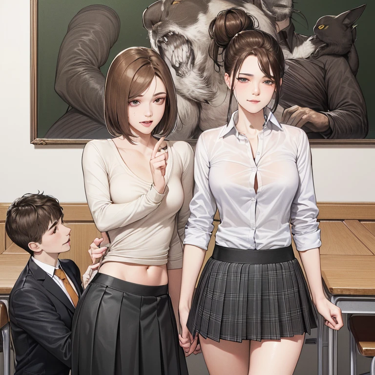 two sexy women looking down at 4 years old boy with blonde hair, seductive smiles, portrait, women have auburn hair and glasses