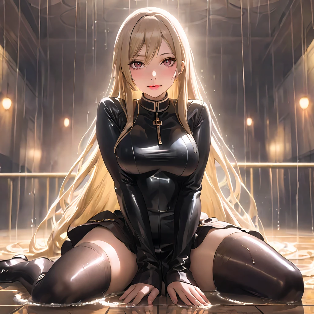 ((masterpiece,best quality anime,Highest quality:1.3)),after rape,cowboy shot,Mature Beauty,独奏,1woman,((very small head:1.3)),((ideal ratio body proportions:1.2)),blonde hair,high twin tails,straight long hair,bangs,gorgeous eyes,brown eyes,open mouth,tears,cum on clothes,bukkake,excessive cum,(Black sleeveless、turtleneck、navel、Black pleated mini skirt),Black leather shoes、black_thighhighs,((slender body,skinny,toned body)),medium breasts,gleaming skin,shiny skin,sweat:1.3,arms behind back,sitting,spread legs,Back Alley、Shibuya、Tokyo、nsfw,