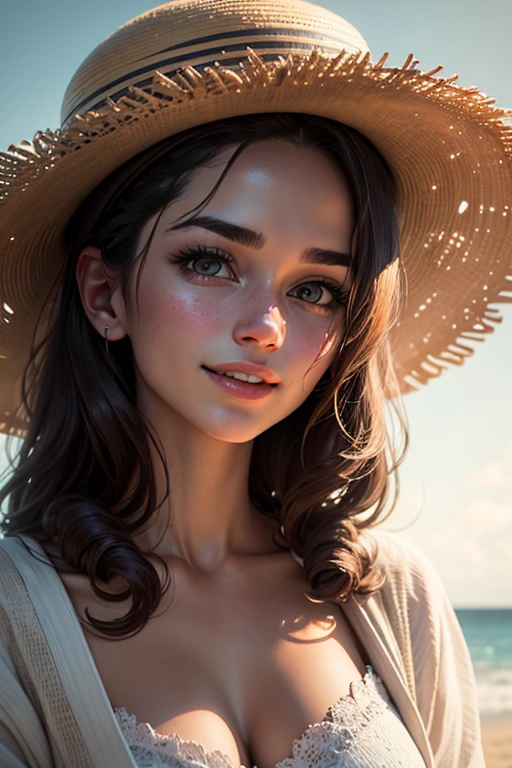 Waist high Portrait of an exotic beautiful caucasian woman wearing trendy clothing at a beach, perfect detailed face, detailed symmetric hazel eyes with circular iris, realistic, stunning realistic photograph, 3d render, octane render, intricately detailed, cinematic, trending on artstation, Isometric, Centered hipereallistic cover photo, awesome full color, hand drawn, dark, gritty, mucha, klimt, erte 12k, high definition, cinematic, neoprene, behance contest winner, portrait featured on unsplash, stylized digital art, smooth, ultra high definition, 8k, unreal engine 5, ultra sharp focus, intricate artwork masterpiece, ominous, epic, TanvirTamim, trending on artstation, by artgerm, h. r. giger and beksinski, highly detailed, vibrant, remove all cloths, woman with big boobs. --auto