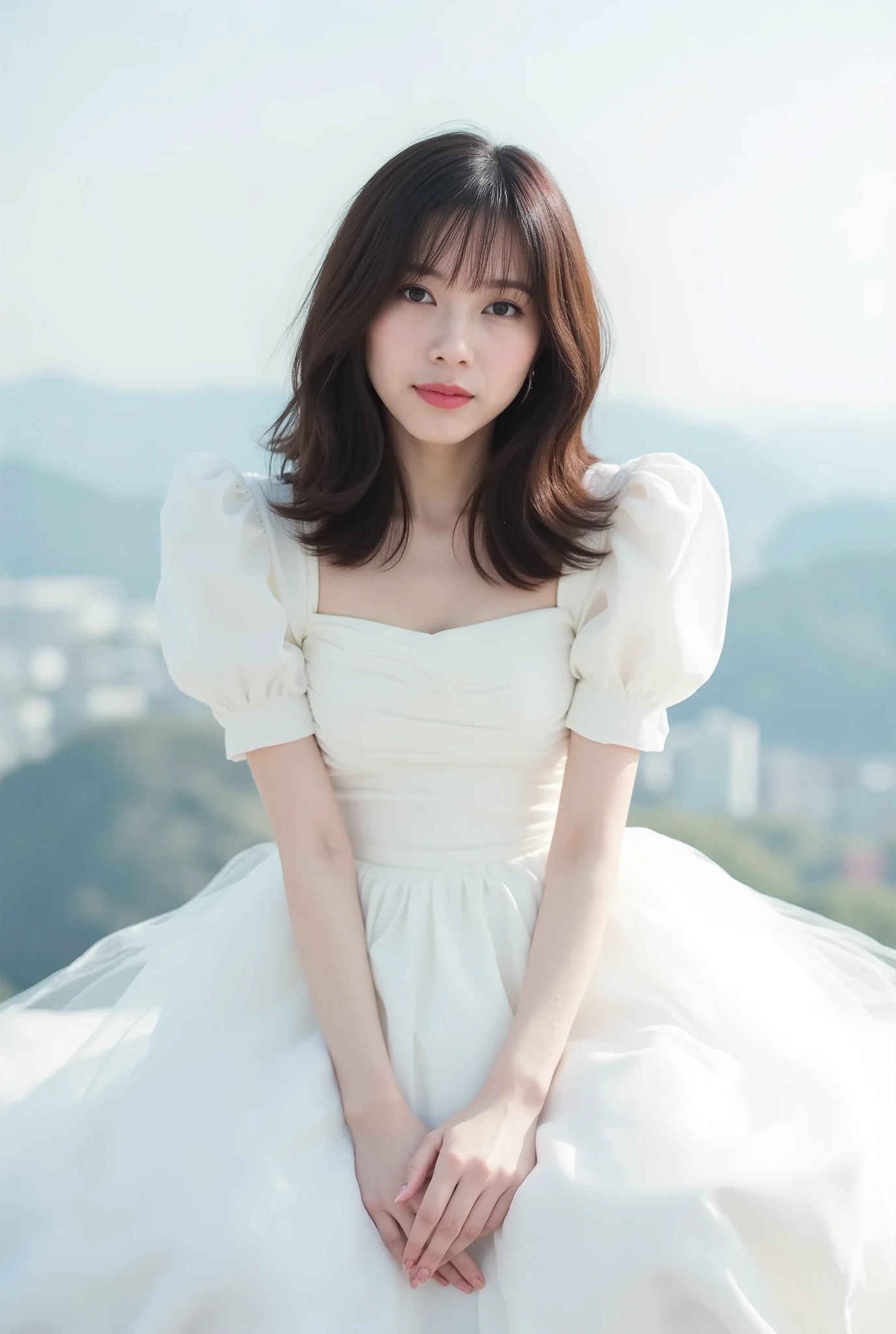 Create an image of a fair-skinned Japanese girl with medium-length straight hair stands gracefully in a 'White Cinderella' costume. The composition captures her in a knee-length pose against a blurred background that resembles a white fantasy world, with a distant horizon. Artistic light leaks and chromatic aberration enhance the ethereal atmosphere, all framed from a dynamic angle.