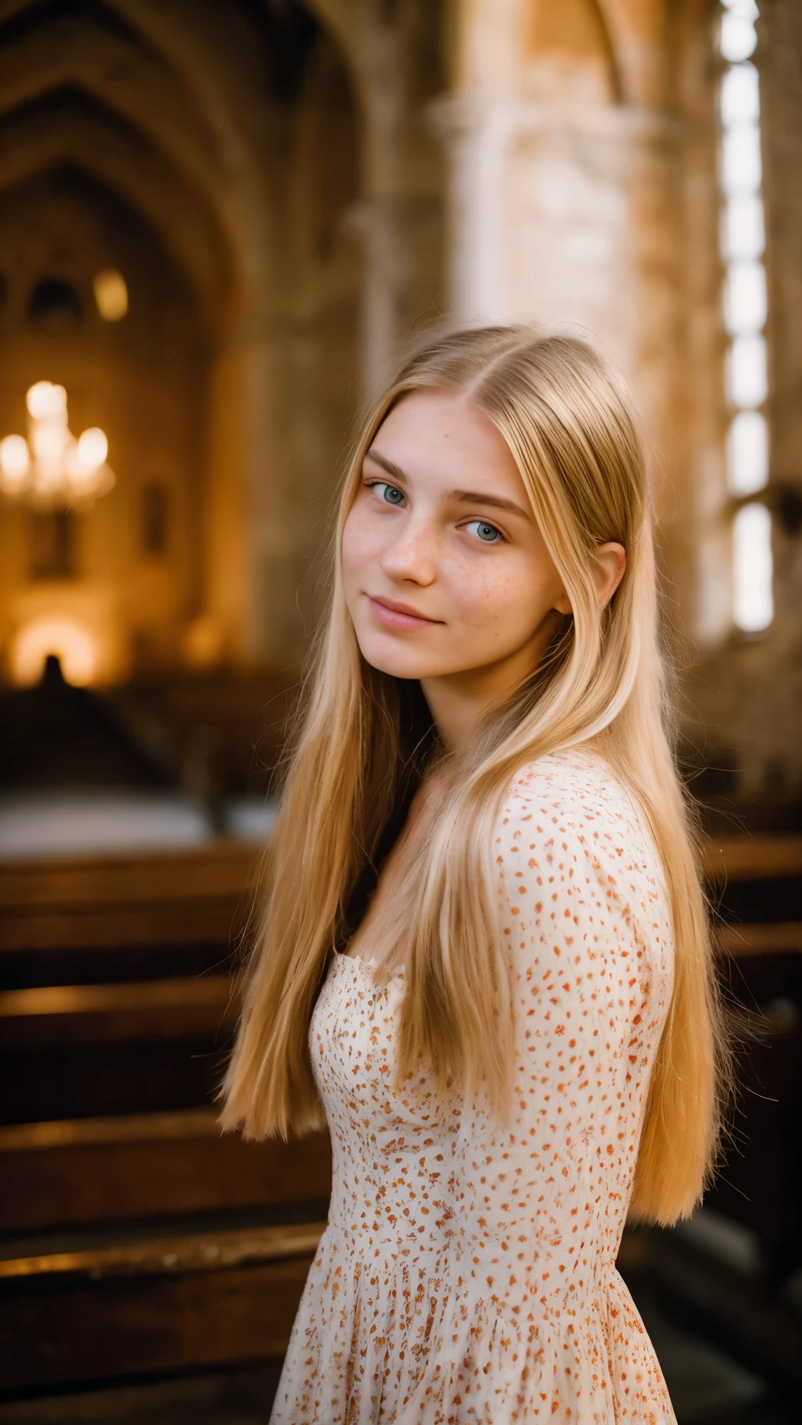 beautiful girl, 30 years old, long blonde hair, beautiful detailed face, simpatic, Caucasian, background in a square with flowers and a church in the center, HIGHLY DEFINED image in 8k