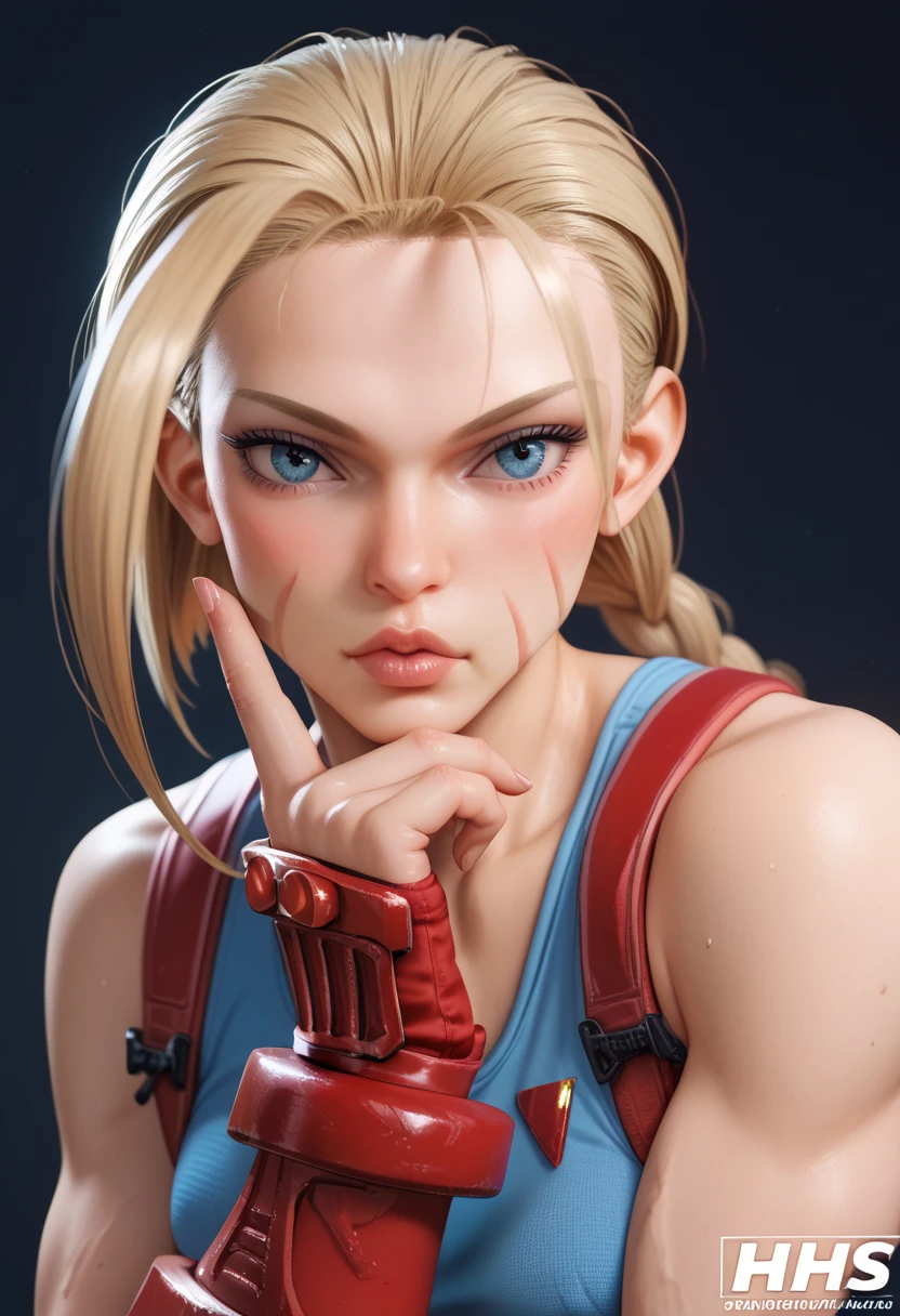 jinx, 1girl, solo ,blonde hair, blue eyes ,hair covering one eye, hair ornament ,glossy lips, earings ,team rocket uniform, red letter R, white skirt,white crop top,black thigh-high boots, black elbow gloves, closed mouth, evil smile,