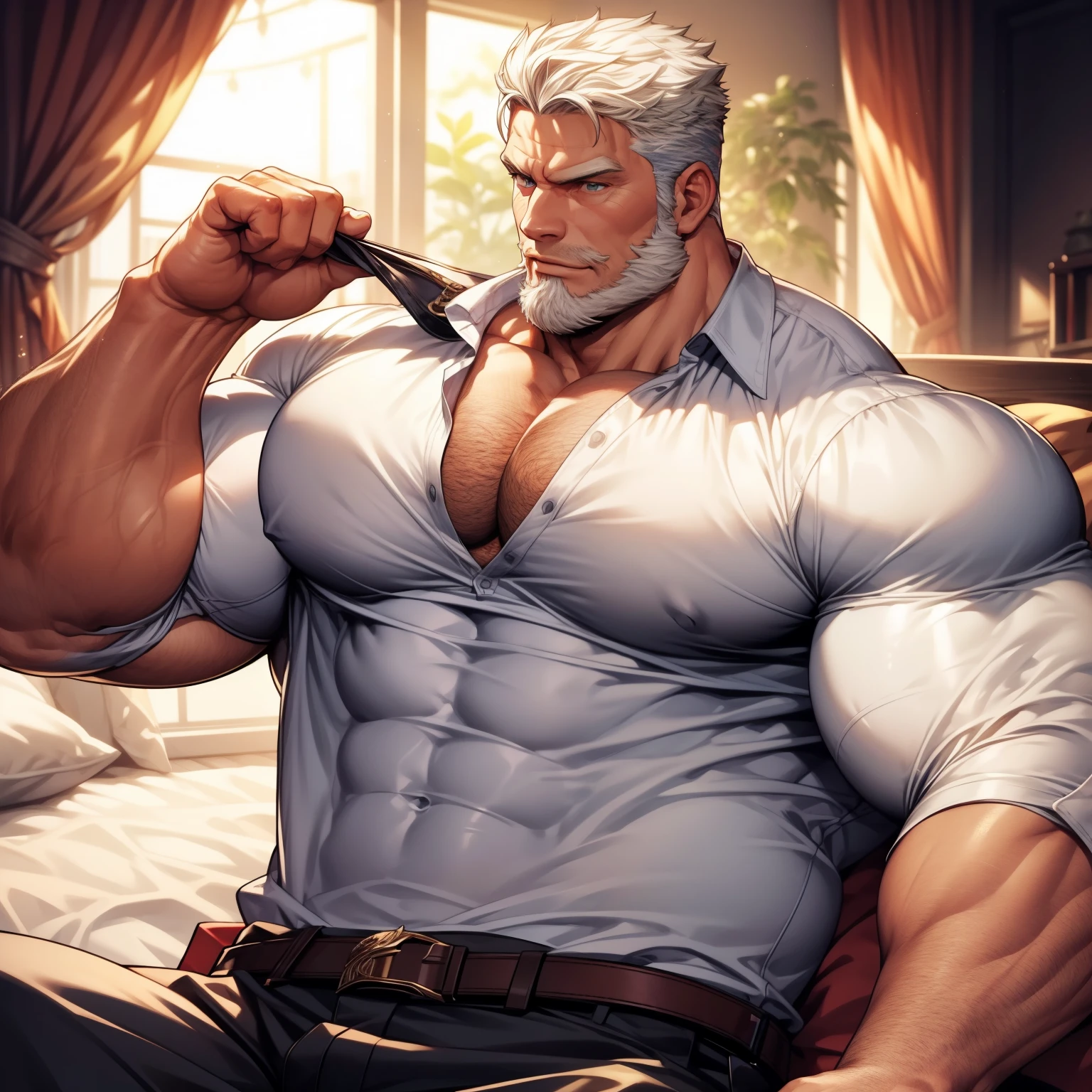 Um daddy em seu quarto, side view, side pov, Alpha male, chubby muscle, very detail face, detail eyes, imposing lord, wearing a lingirie vulgar apertada, no pants, very detail clothes, clothing transparent, clothing with a low neckline on the chest, a detailed belt at her waist, muscular chest, very prominent pectoral, gazing at viewer, imponent pose, he has a big bulge in his groin, big bulge, bright purple eyes, short whitish hair, your hair is combed to the side, beard that makes the face look square, he's serious, Wonderful highly detailed masterpiece, beautiful cinematic light deep focus, chic, digitalpainting, smooth ass, sharp focus, golden ratio, dramatic lighting, 8k, pixiv, only