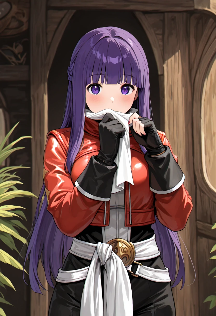 ( fantasy world:1.4), (fern, female 1, purple hair , long hair, Stark Outfit, Black tai chi boxing suit, red jacket , white cloth belt, black gloves with fingertips sticking out, Stark Outfit装をしたfern), 最high quality, Ultra High Resolution, masterpiece, accurate anatomy, very detailed, high quality, 最high quality, 8k,
