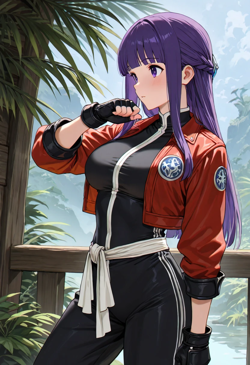 ( fantasy world:1.4), (fern, female 1, purple hair , long hair, Stark Outfit, Black tai chi boxing suit, red jacket , white cloth belt, black gloves with fingertips sticking out, Stark Outfit装をしたfern), 最high quality, Ultra High Resolution, masterpiece, accurate anatomy, very detailed, high quality, 最high quality, 8k,