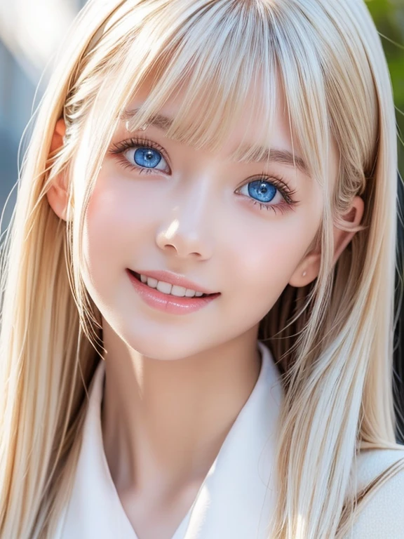 Portrait、、Sailor suit、Young shiny glossy bright white skin、Blonde reflection、Super long, natural platinum blonde hair with dazzling highlights、Bangs between the eyes、bangs that fall on the face、、Shiny bright hair,、Super long, silky straight hair、Shiny beautiful bangs、Big, bright, light blue eyes that shine beautifully、Very big eyes、Very beautiful, lovely and cute girl、Ample Bust、Healthy glowing skin、Small Face Beauty、Round face