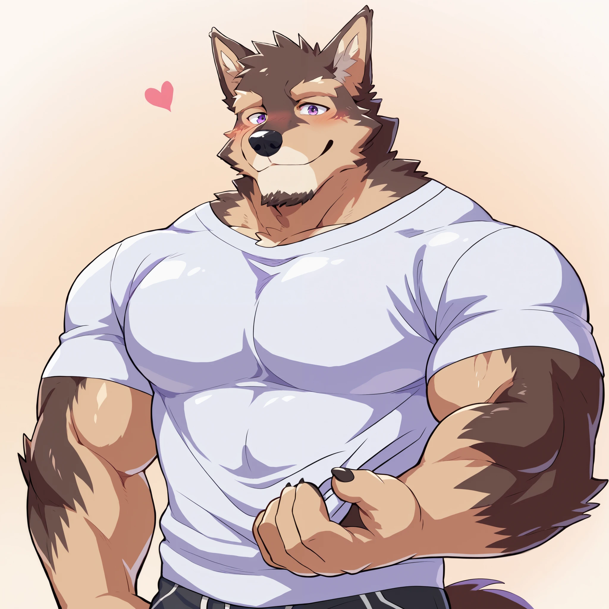 Scribble  German Shepherd face,Pubraseer(  German Shepherd),(Casual wear:1.3), Muscular ,  brown fur ，（ artist :Takemoto Arashi），Pull clothes by hand，（ buttock bulges:1.3） ，purple eyes，Smile，blush。