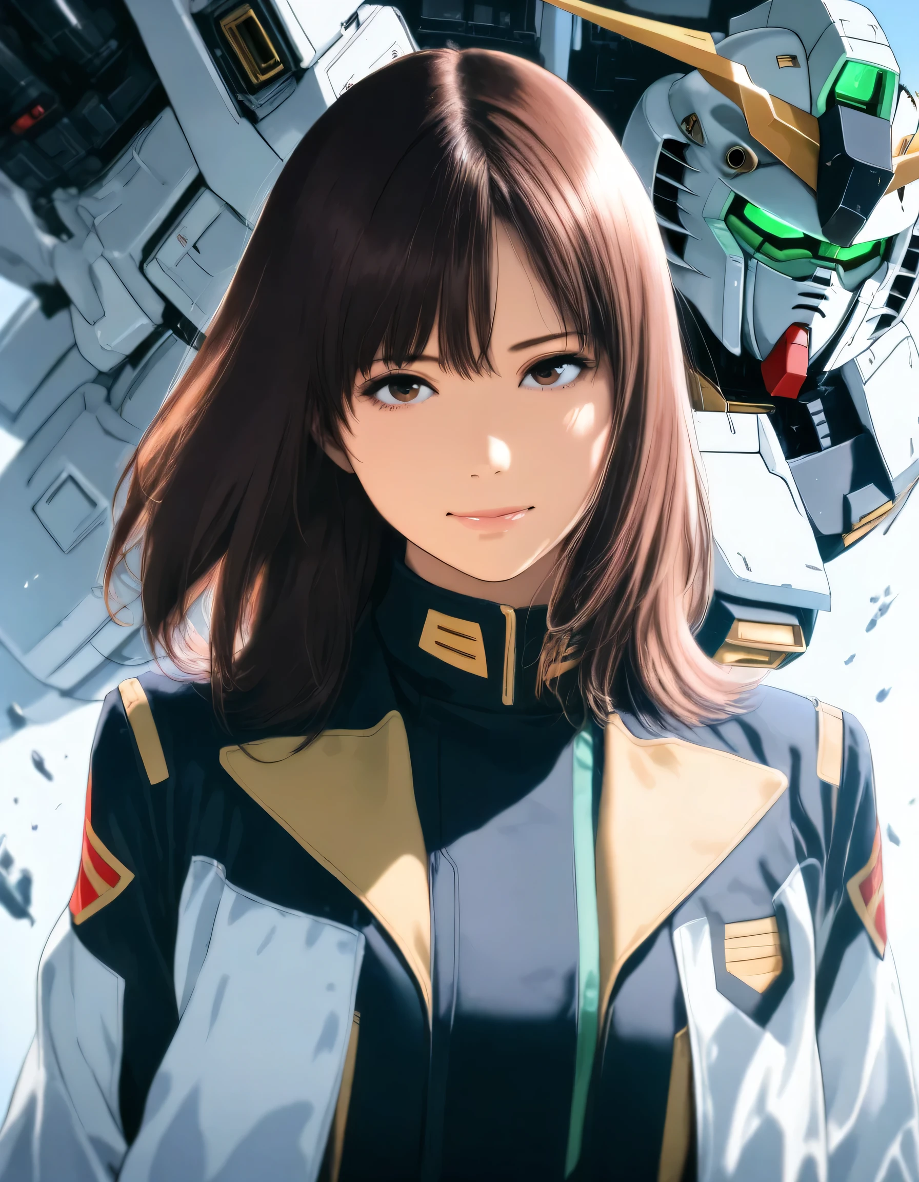 1girl, sato rika, gundam, year 2016, upper body, mobile suit in the background, nu gundam, masterpiece, high score, great score, absurdres, 16k, super detail
