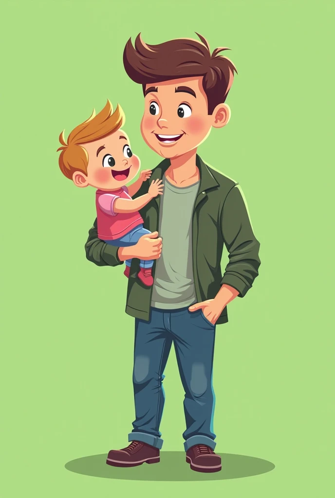 A realistic drawing of a dad walking through the park with a black cap that says Vans on it and a black t-shirt.On the left he is holding a one-year-old boy by the hand.This one is wearing a dino sweater and has a pacifier in his mouth.Dad wears glasses