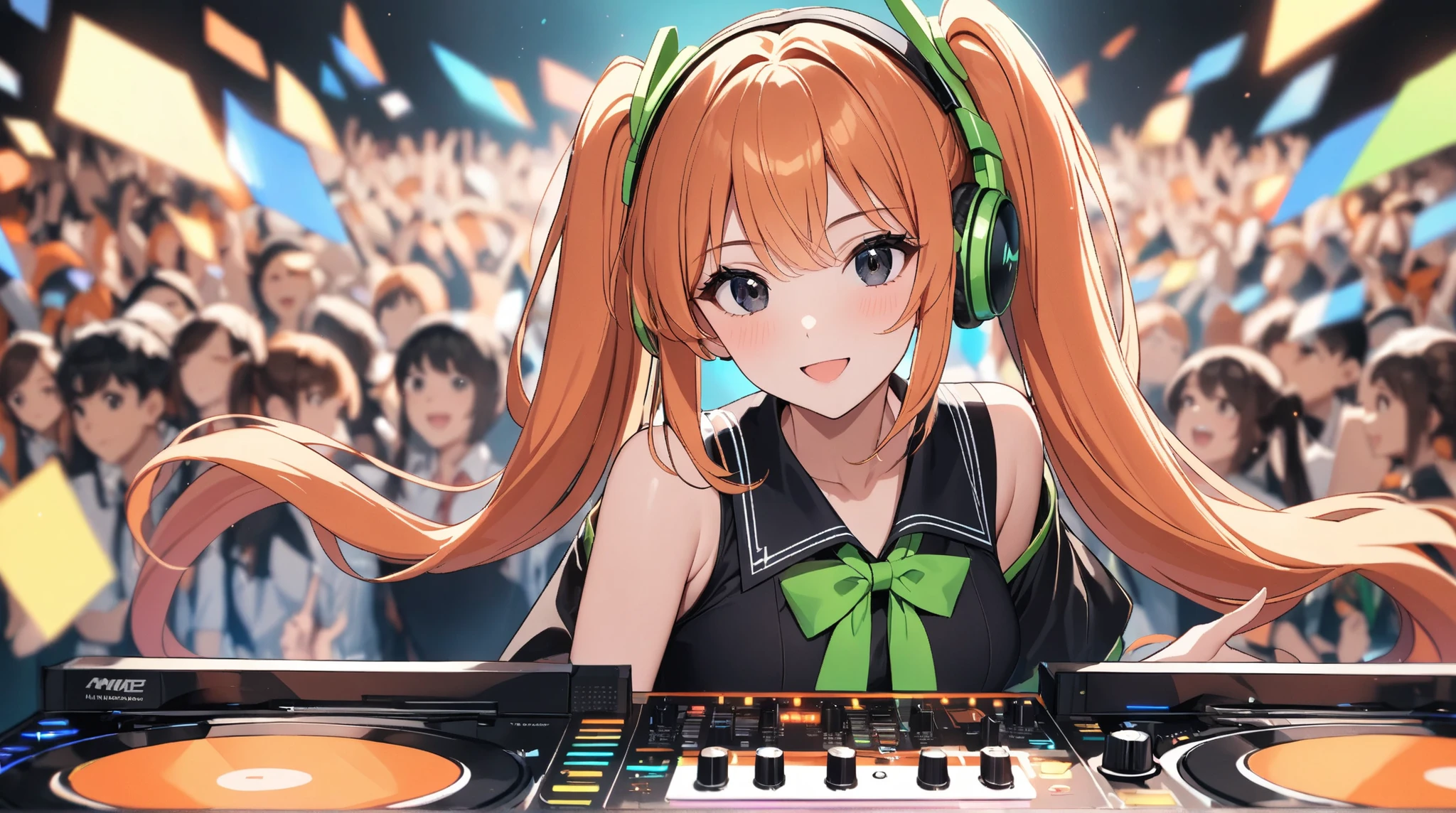 1 beautiful girl wearing headphones, beautiful medium breasts, orange sex dress, dancing in a nightclub, electro music, 