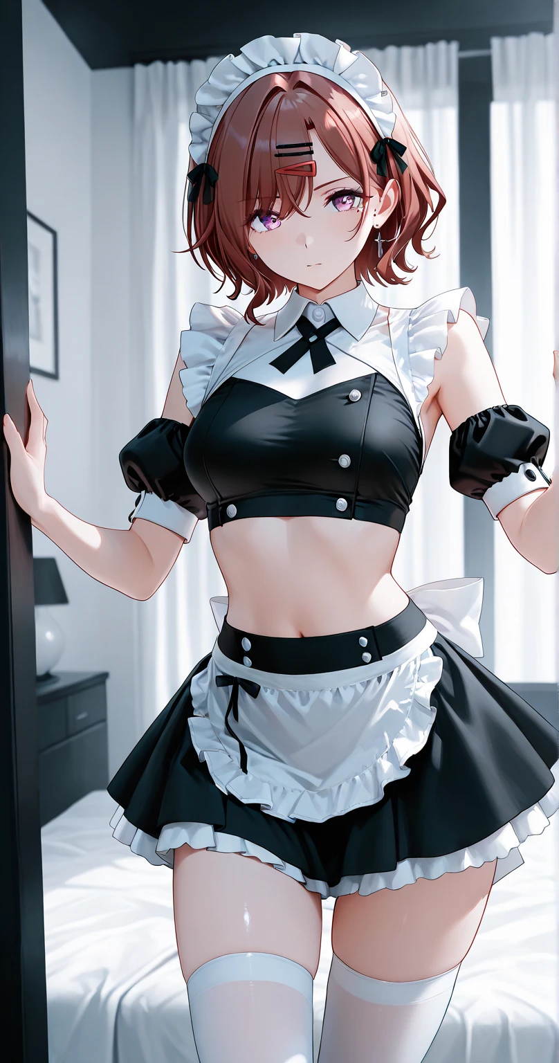 Best picture quality, 8K, masterpiece:1.3)),  Beautiful woman with slender abs:1.3, ( short hair, medium breasts:1.2), hands tied behind her back, shift dresses:1.1, Ultra-fine face, red hair, ((under boob)), detailed eyes, ((yellow eyes)) double eyelid，(BDSM:1.3)，Transparent swimsuit at home, and its fullness, Wet clothes, hyper HD, Masterpiece, High details, High quality, Massut works of the highest quality, of the highest quality, hyper HD, max res, Very detailed, Clean skin, アニメ, full body, slender, Very cute, lying down, wide open legs, Raised Legs, Erotic lingerie, half-shedding clothes, Half flows down, Wet clothes,, Clothing visible at the tip of the chest, Sweat, Light clothes, clothes with a see-through tummy, underbust, Embarrassed, Blushing, kneeling, sideviewblowjob, sitting on her knees, spread thighs, hands tied behind, sexy pose, kneeling, sexy maid dress, eye contact with a man above her, a man standing above her, (looking up at a man:1.6), intense eye contact