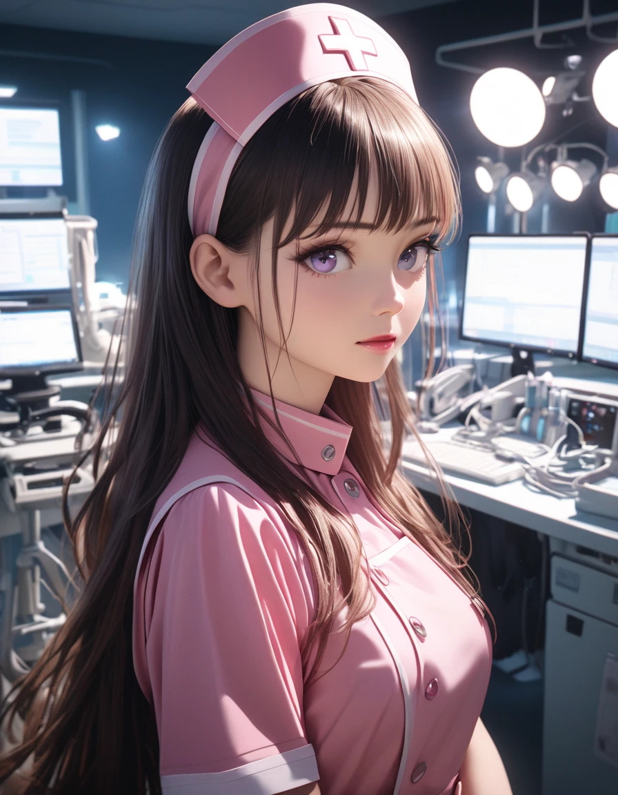high quality, realistic, photo, human, masterpiece, brown hair, brown eyes, lone nurse, cyborg, light pink uniform, upper body, reception