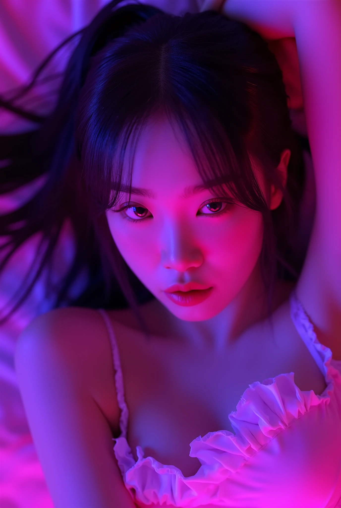 korean woman with pink makeup posing in bed, glowing pink face, soft portrait shot 8 k, glowing magenta face, glowing with colored light, sexy girl, glowwave girl portrait, magenta lighting. fantasy, glowing neon skin, color photograph portrait 4k, 8 k sensual lighting, glowing pink eyes, sexy face with full makeup. Neon eyes beautiful
