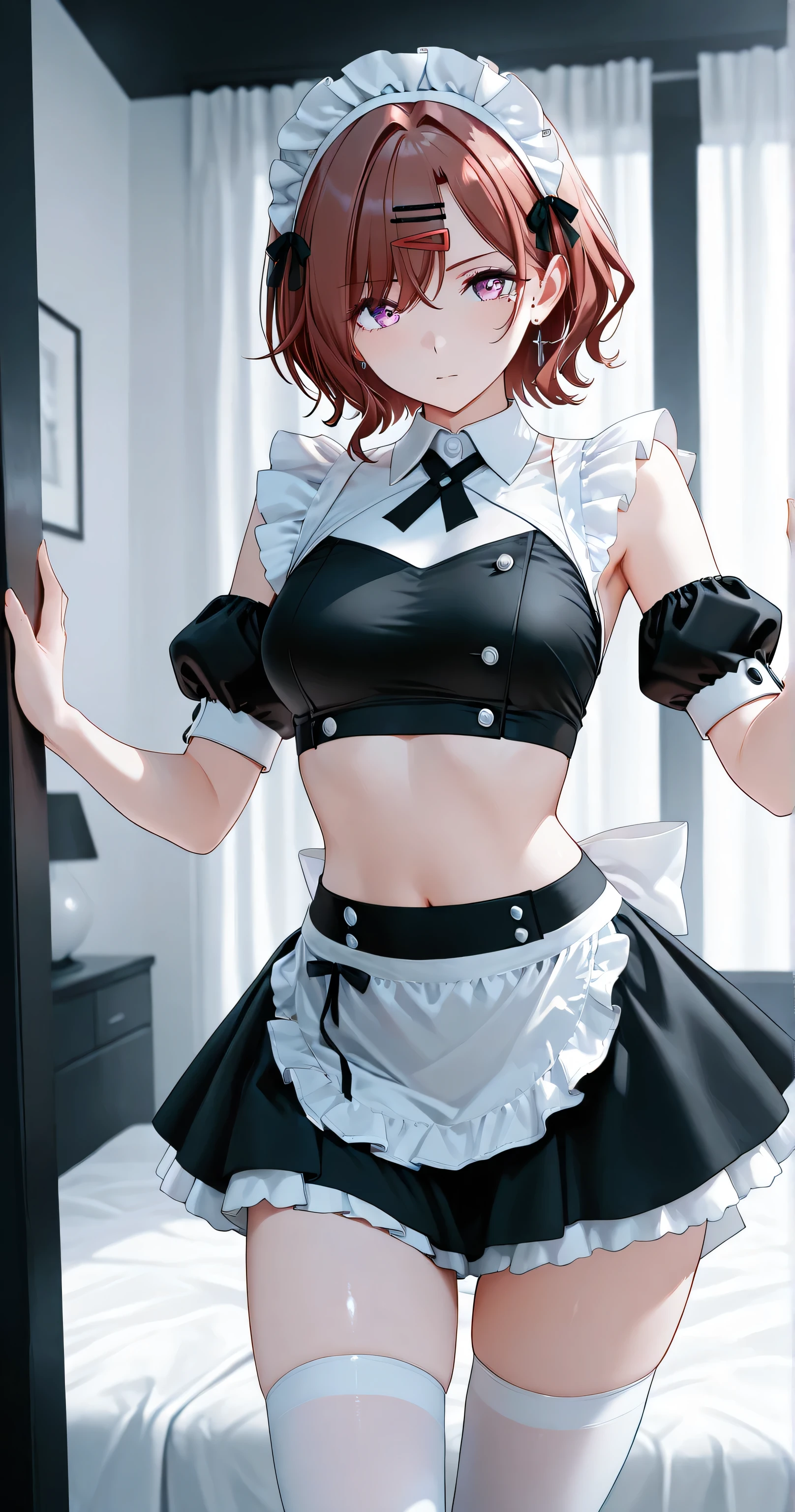 insanely detailed,
higuchi_madoka, purple eyes, sparkling pupils, Intricate Iris Details, Captivating Eye Reflections, Sparkling Highlights in the Eyes, Depth and Dimension in the Pupils, Subtle Color Variations in the Iris, Meticulous Eyelash Details, detailed eyes,  Looking at Viewer,  mole under eye, mole, hair ornament, hairclip,  Bedrooms,penthouse, Suite Room, Spacious double bed, (luxurious bedroom: 1.3), (white and black theme:1.4), (fusion of (sleeveless white high neck and collared [crop top]) and (black puff sleeves):1.4), (white tops and black short sleeves:1.2), (wearing a white half apron over a black skirt:1.4), (waist cincher:1.3), (white half apron), ((white maid head-band with ruffles on head:1.3), (white thigh high stockings:1.4),  BREAK (light-red theme:1.2), earrings, ideal for a foreign movie or fashion magazine shoot. 

masterpiece, best quality, ultra-detailed, 8k resolution,
sharp focus, crisp details, rich colors, vibrant details,
stunning clarity, vibrant colors, harmonized colors,
1girl, solo, perfect anatomy, correct generation of hands, 4fingers and 1thumbs, visible hands in a natural pose, both hands clearly visible, nice hands, perfect hand.
(best illustration),(best shadow),(absurdres),(detailed background),(very aesthetic), vibrant color with light reflections,
delicate strands, silky smooth,
Soft ambient lighting,
Brilliant skin, shiny skin, pale skin,
simple luxury background, minimalistic luxury setting,
full body,  front view, eye-level view,  
2D anime style,
highly detailed face, refined body, flawless skin.