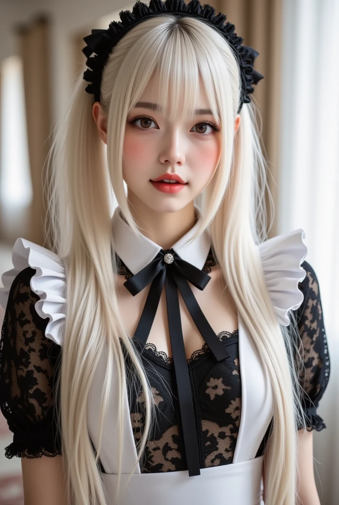 raw photo, 8k, (top-quality), Realistic, (real picture, Intricate details), (natural skin texture, detailed skin, hyper realism, sharpness), (Japanese teenage girl in luxury hotel at night, Suite Room), ((maid costume with black and white, lolita fashion, gothic fashion), (slender body, pale skin:1.2), ((white hair, twintail hairstyle, blunt bangs)), (provocative look, Parted lips:1.3, eye shadow, eyeliner, tear bag:1.3, red lips), thighs, night time, spot lighting:1.3