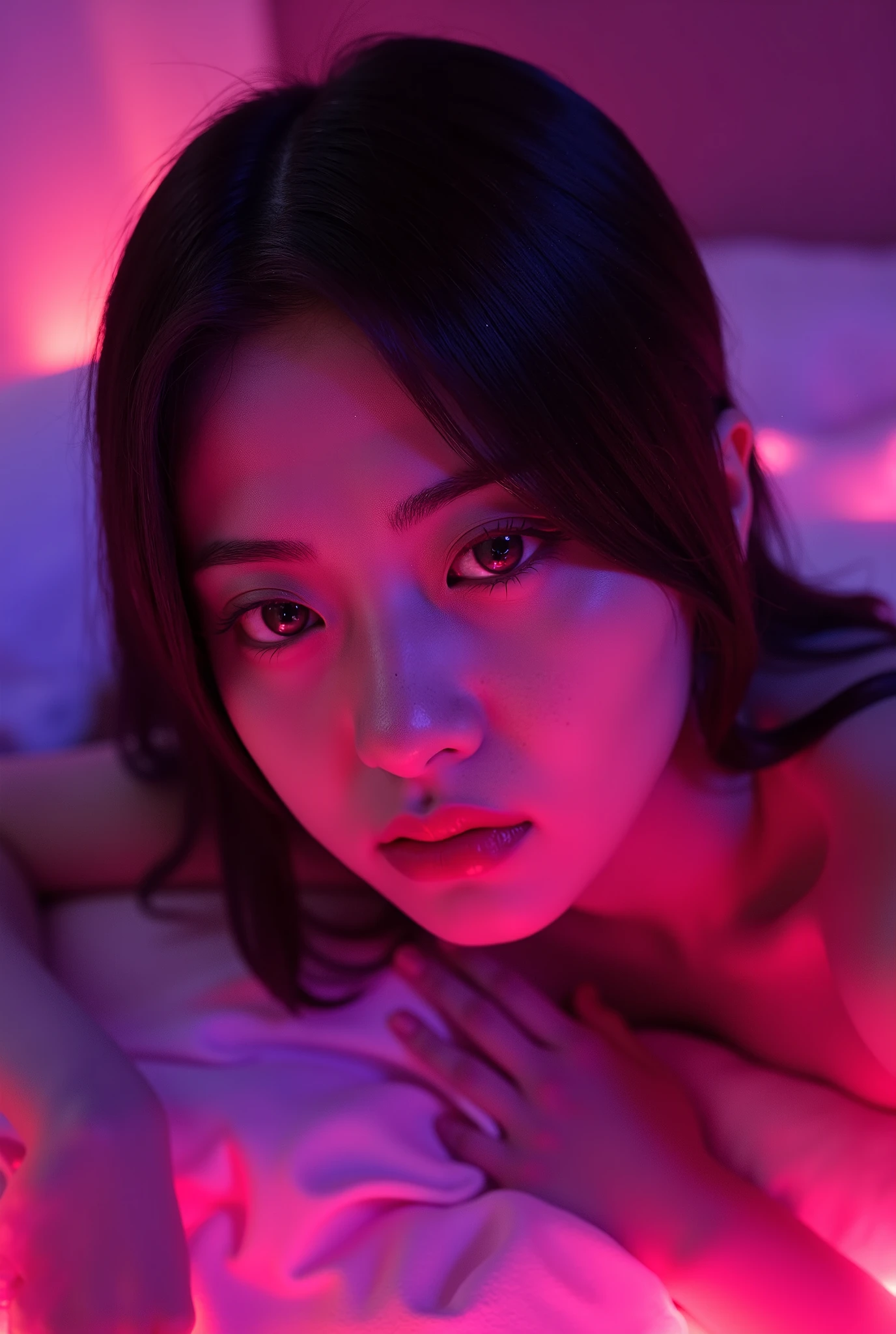 korean woman with pink makeup posing in bed, glowing pink face, soft portrait shot 8 k, glowing magenta face, glowing with colored light, sexy girl, glowwave girl portrait, magenta lighting. fantasy, glowing neon skin, color photograph portrait 4k, 8 k sensual lighting, glowing pink eyes, sexy face with full makeup. Neon eyes beautiful