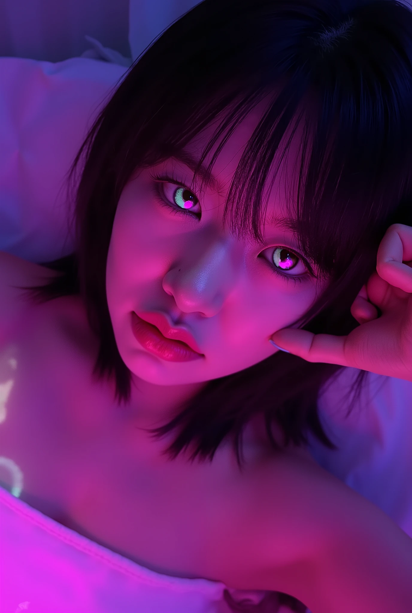 korean woman with pink makeup posing in bed, glowing pink face, soft portrait shot 8 k, glowing magenta face, glowing with colored light, sexy girl, glowwave girl portrait, magenta lighting. fantasy, glowing neon skin, color photograph portrait 4k, 8 k sensual lighting, glowing pink eyes, sexy face with full makeup. Neon eyes beautiful