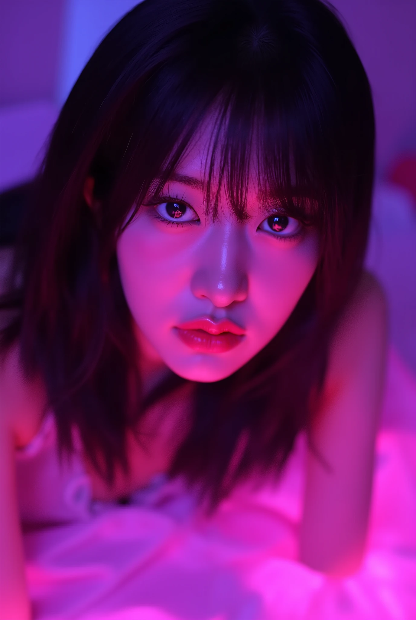 korean woman with pink makeup posing in bed, glowing pink face, soft portrait shot 8 k, glowing magenta face, glowing with colored light, sexy girl, glowwave girl portrait, magenta lighting. fantasy, glowing neon skin, color photograph portrait 4k, 8 k sensual lighting, glowing pink eyes, sexy face with full makeup. Neon eyes beautiful
