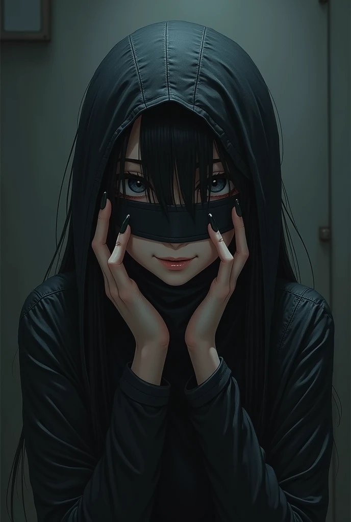 black background, black ambience, dark ambience, moody, ((caustics)), cinematic composition, bloom, (masterpiece), 8k, absurdres, official_art:2, BREAK,
1girl, (((blindfold, black robes, (lips), short hair, black hair, skinny, wide hips, BREAK,
facing viewer, pov, hands behind back, arms behind back, close up, kneeling, ((smile)), ((extreme close up)),